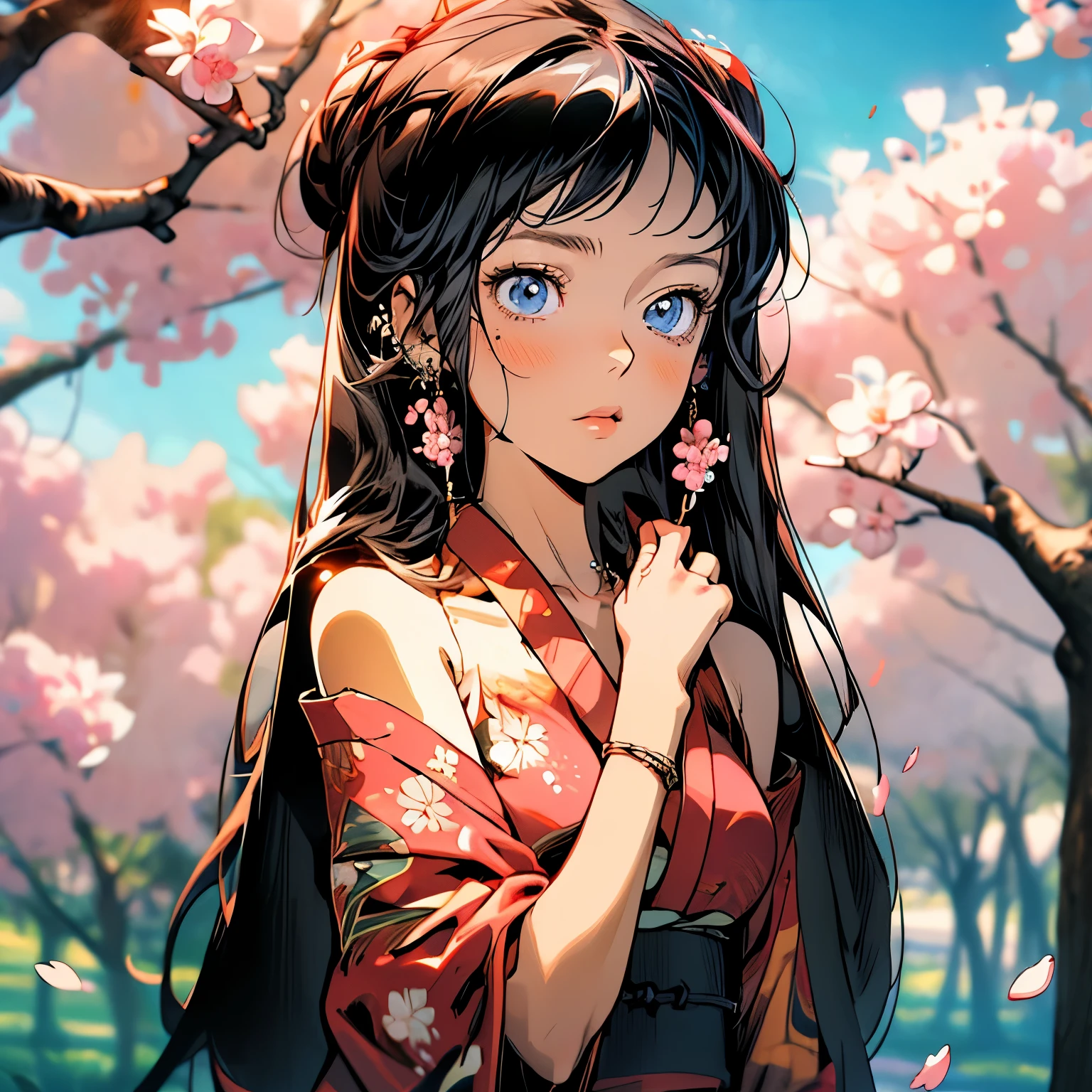 Anime girl in kimono costume standing under tree with pink flowers, anime style 4k, anime art wallpaper 4k, anime art wallpaper 4k, anime art wallpaper 8k, There are cherry blossom petals around her, anime wallpaper4k, anime wallpaper 4k, Best Anime 4K Kona-chan Wallpaper, anime wallpaper, High quality anime art style, 4k manga wallpaper