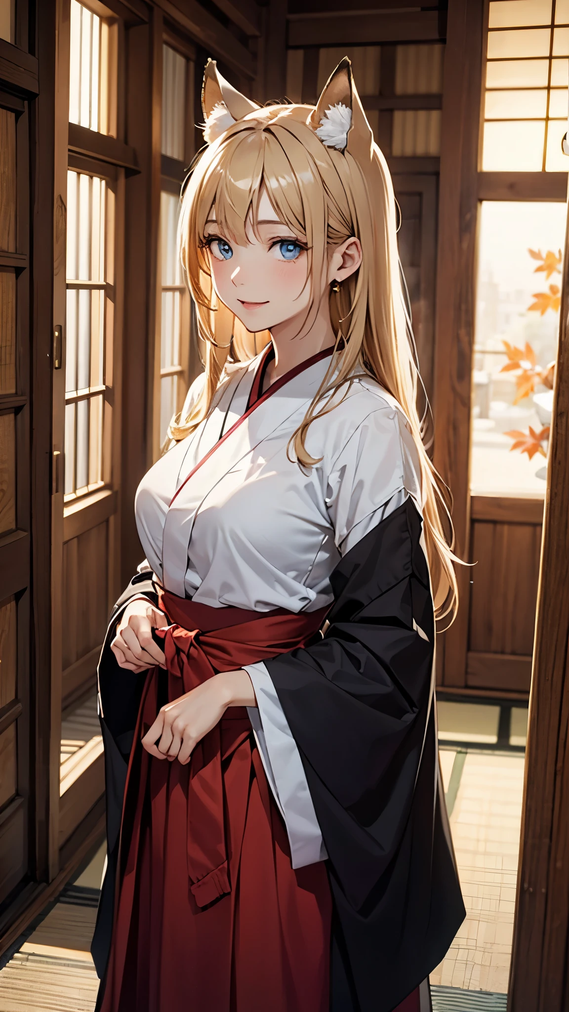 (最高masterpiece, highest quality,official art),(mature woman:1.3),(attractive woman),((masterpiece, highest quality))、blonde、long hair、small bust、(Mystical beauty:1,3)、Japan priestess style、red colored hakama、fox ears、blue eyes、smile、red cheeks、sparkling eyes、narrow eyes、japanese shrine、Waist to head、aerial perspective、great illustrations、Light、Light、Light、