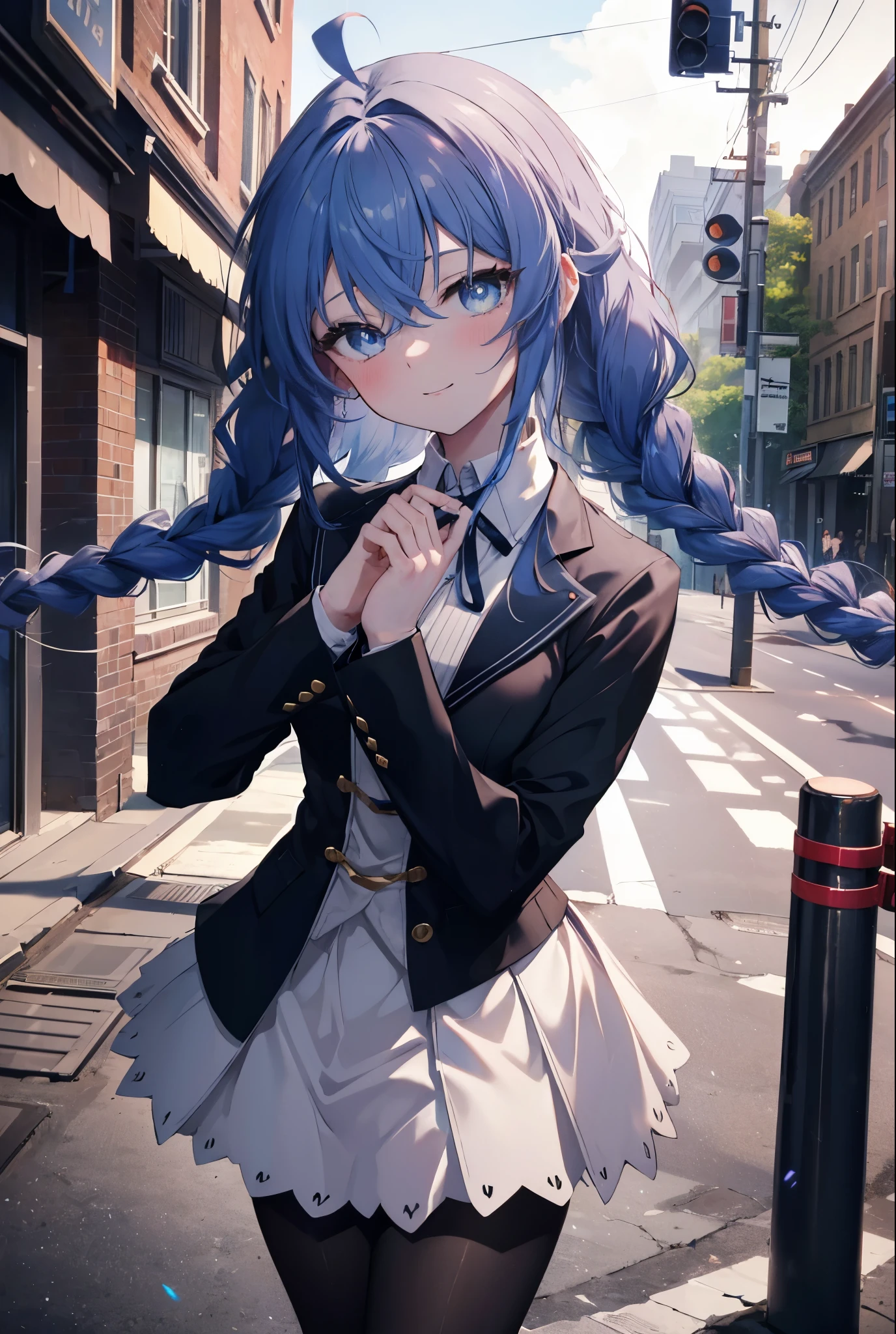 (masterpiece,intricate details),1 girl,mature woman,light _face, BREAK Roxymigurdia, Roxy, Ahoge, black ribbon, blue eyes, blue hair, Braid, hair between eyes, hair ribbon, long hair, twin Braids, very long hair,happy smile, smile, open your mouth, Destroy White Y-Shirt,Blue Blazer,Blue pleated skirt,Gray pantyhose,White Loafers,
壊す looking at viewer,
break outdoors, In town,Destroy a city of buildings (masterpiece:1.2), highest quality, High resolution, unity 8k wallpaper, (figure:0.8), (detailed and beautiful eyes:1.6), 非常に詳細なface, perfect lighting, Very detailed CG, (perfect hands, perfect anatomy),