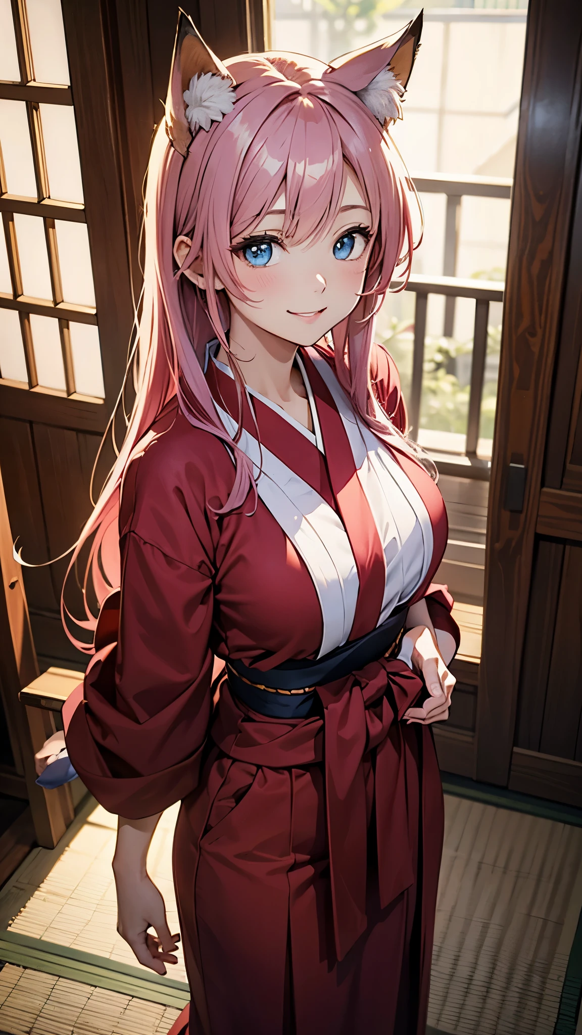 (The highest masterpiece, highest quality,official art),((attractive woman),)((masterpiece, highest quality))、pink hair、straight hair、big bust、(Mystical beauty:1,3)、Japan priestess style、red colored hakama、fox ears、Blue eyes、smile、red cheeks、sparkling eyes、narrow eyes、japanese shrine、Waist to head、aerial perspective、great illustrations、Light、Light、Light、