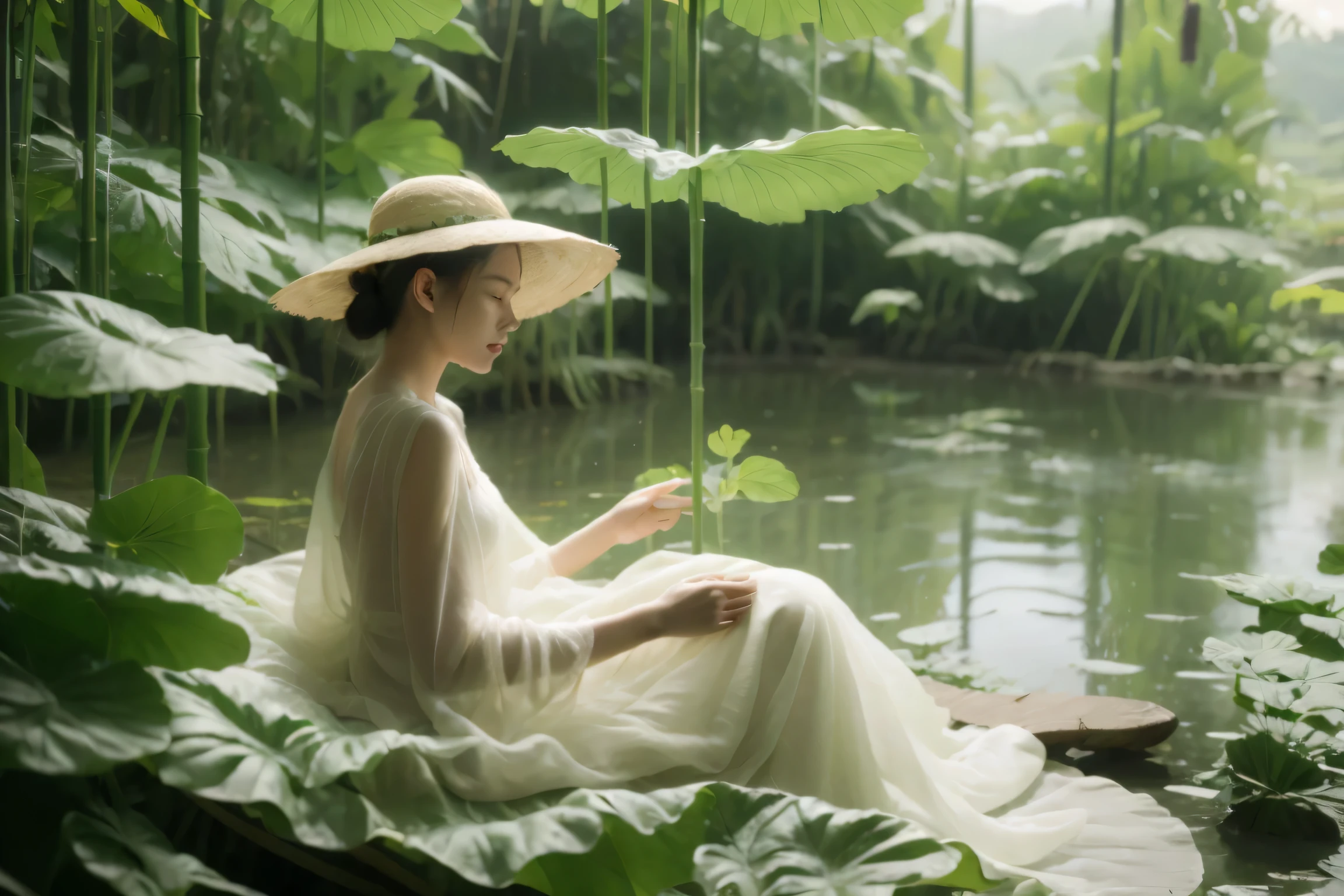 Mountain, cloud, Hangzhou，Longjing，Mountain，Mountain tea trees，Several women wearing bamboo hats，In tea picking，sunny