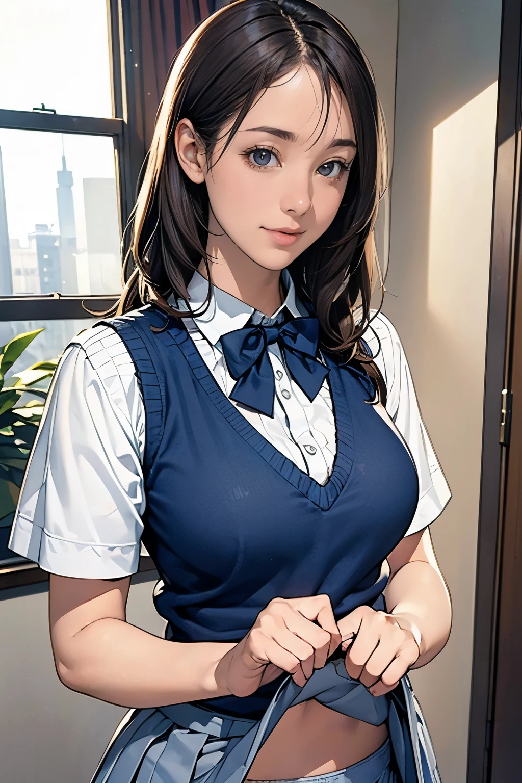 (masterpiece:1.2, highest quality), (realistic, photorealistic:1.4), beautiful illustrations, (natural side lighting, movie lighting), Depth of written boundary, 
looking at the viewer, (face focus, Upper body), Front view, 1 girl, English, high school girl, 15 years old, perfect face, Cute symmetrical face, shiny skin, 
(random hairstyles、blonde), Big eyes, long eyelashes chest), thin, tall、
beautiful hair, beautiful face, fine and beautiful eyes, beautiful clavicle, beautiful body, beautiful breasts, beautiful thighs, beautiful feet, beautiful fingers, 
((fine fabric texture, Brown knitted vest, short sleeve white collar shirt, navy pleated skirt, Navy bow tie)), 
(beautiful scenery), evening, (Inside the flower shop), Are standing, (smile, Upper grade, open your mouth),  (((skirt lift, I can see your panties)))