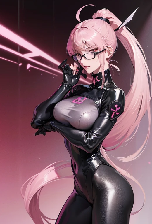 (masterpiece),(high resolution),extra limbs,missing limbs,extra digit,missing digit,fused fingers,mutanted hands and fingers,1woman,full body,(((super realistic))),pale skin,fighter,(((pink color long ponytail hair))),evil smile,(blonde color eyes),large breasts,large butocks,(pink fox ears),(pink fox 1 tail),woman,(white rimless frame glasses),(black catsuit),(contrapposto stand),sweat,(cyberpunk background),(((Fate/Grand Order,character,Koyanskaya origin))),Tamamovich Koyanskaya(Spy Wind),evil woman,attribute(Lawful Evil Beast),draw the face accurately,Holding a pink sniper rifle in both hands