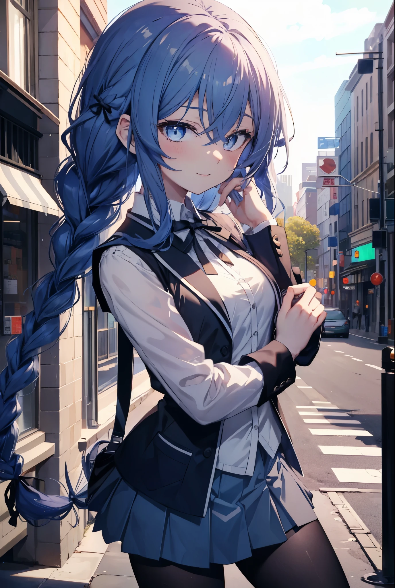 (masterpiece,intricate details),1 girl,mature woman,light _face, BREAK Roxymigurdia, Roxy, Ahoge, black ribbon, blue eyes, blue hair, Braid, hair between eyes, hair ribbon, long hair, twin Braids, very long hair,happy smile, smile, open your mouth, Destroy White Y-Shirt,Blue Blazer,Blue pleated skirt,Gray pantyhose,White Loafers,
壊す looking at viewer,
break outdoors, In town,Destroy a city of buildings (masterpiece:1.2), highest quality, High resolution, unity 8k wallpaper, (figure:0.8), (detailed and beautiful eyes:1.6), 非常に詳細なface, perfect lighting, Very detailed CG, (perfect hands, perfect anatomy),