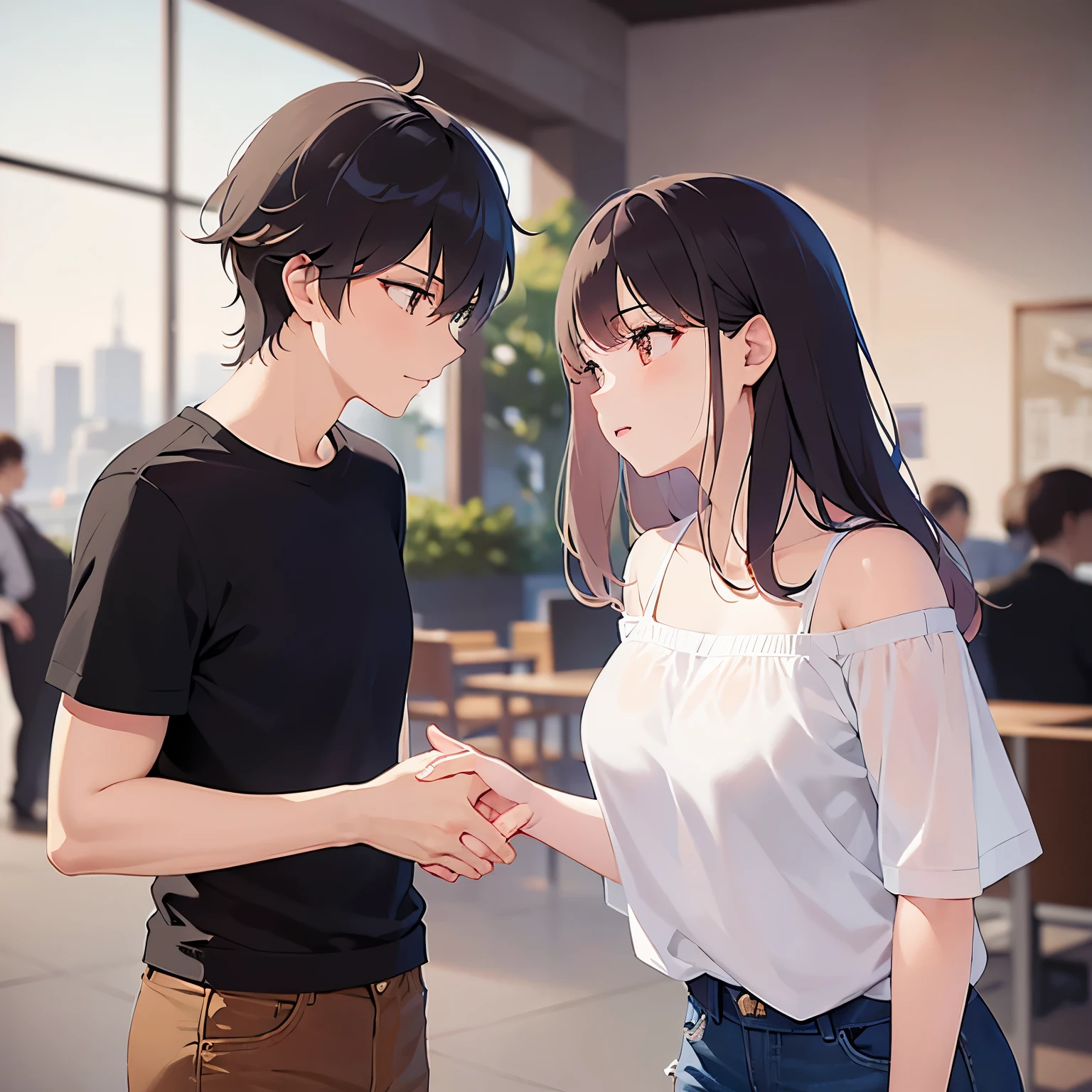 Anime couple in a cafe shaking hands with each other - SeaArt AI