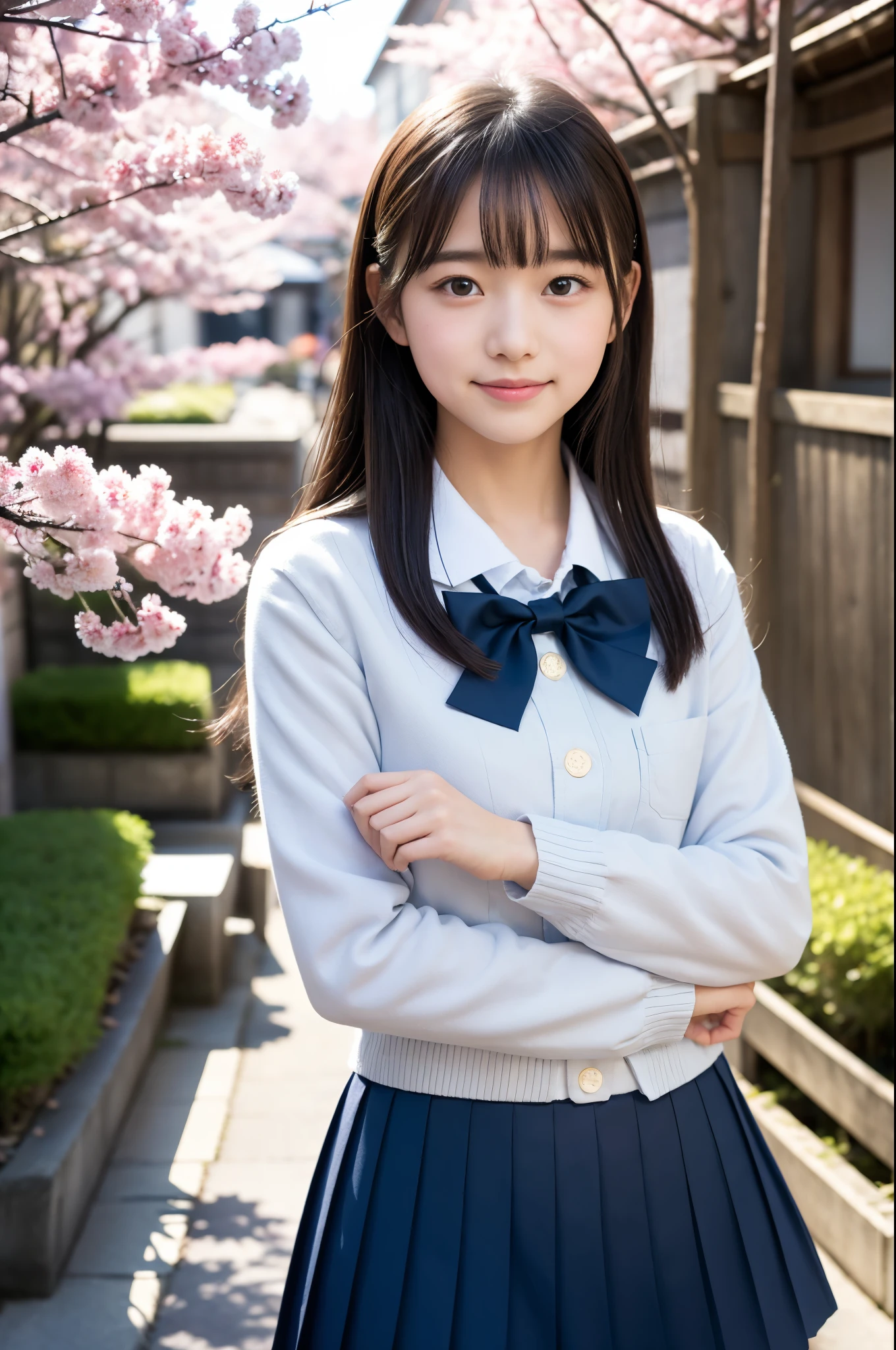 一個女孩站在櫻花下的日本古老街道上,長袖海軍藍學校西裝外套,灰色百褶裙,白領和領結,書包,18歲的,瀏海,一點微笑,大腿,膝蓋,直髮搭配白色髮夾,從下面,前燈