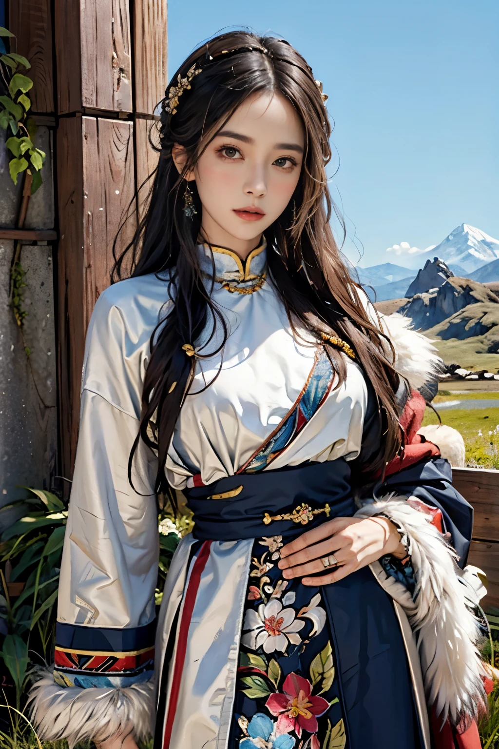 lifelike, High resolution, soft light,1 female, alone, Hips raised, shiny skin, (Detailed face), plateau,blue sky,grassland,extremely detailed,torogao, Tibetan clothing, fur coat, jewelry, tattoo，There is light on the face, movie lighting，illustration, Very detailed，Level verbose, High resolution, Very detailed, best quality, masterpiece