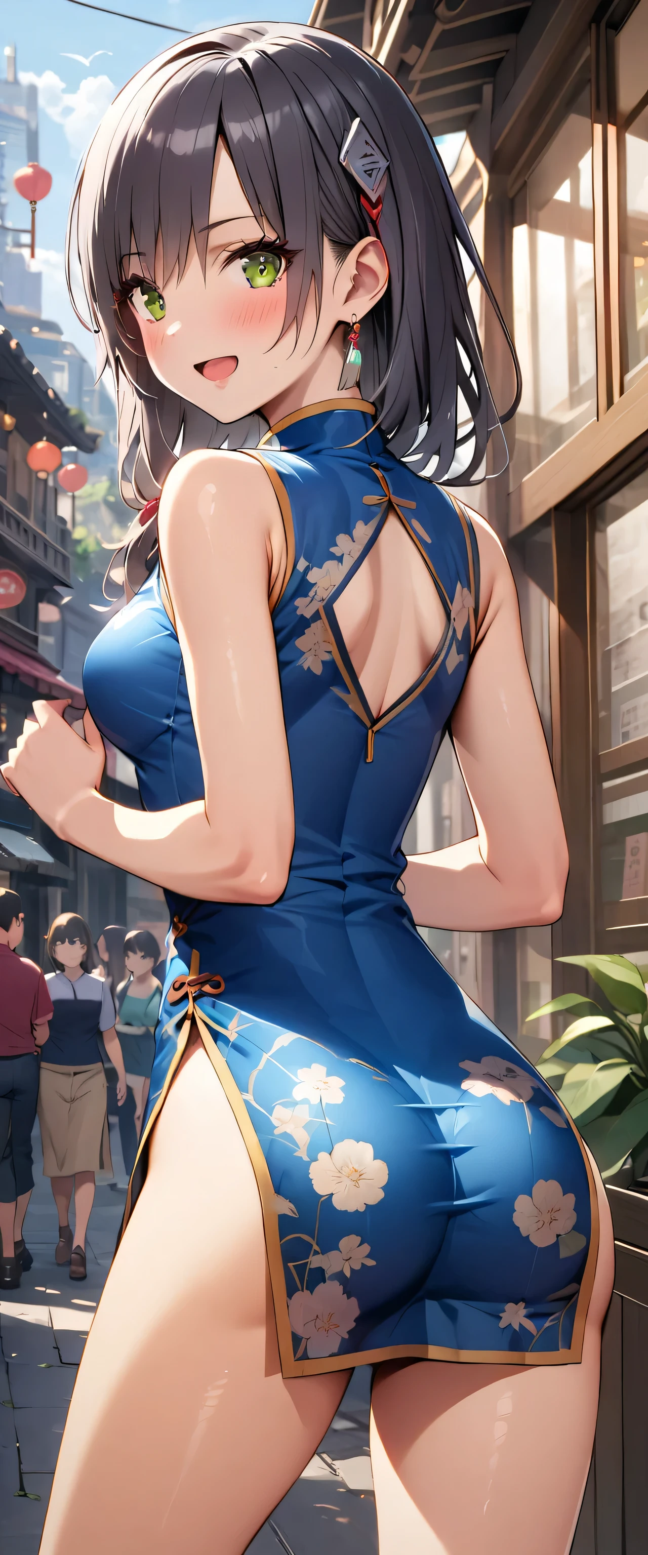 woman,20-year-old,city,(((Silk cheongsam))),,open mouth smile((black hair)),blush、,((turn around and look back))()Reflecting the buttocks