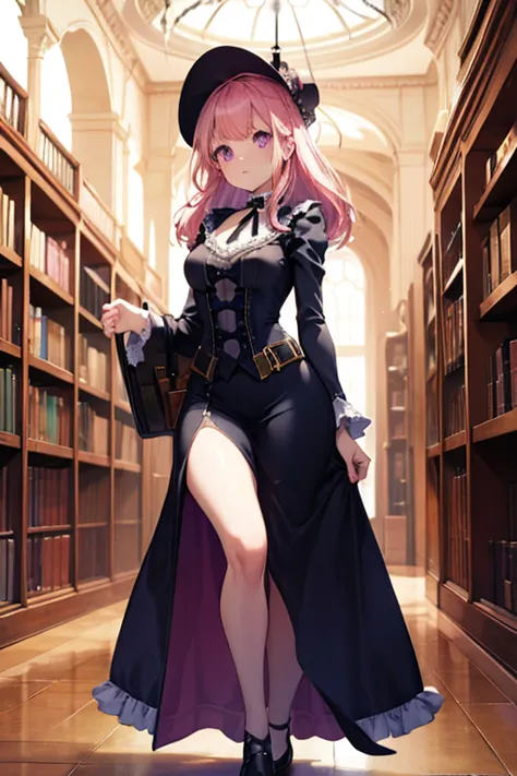 a pink haired female with violet eyes with an hourglass figure in a victorian style dress is running through the halls of a libr...