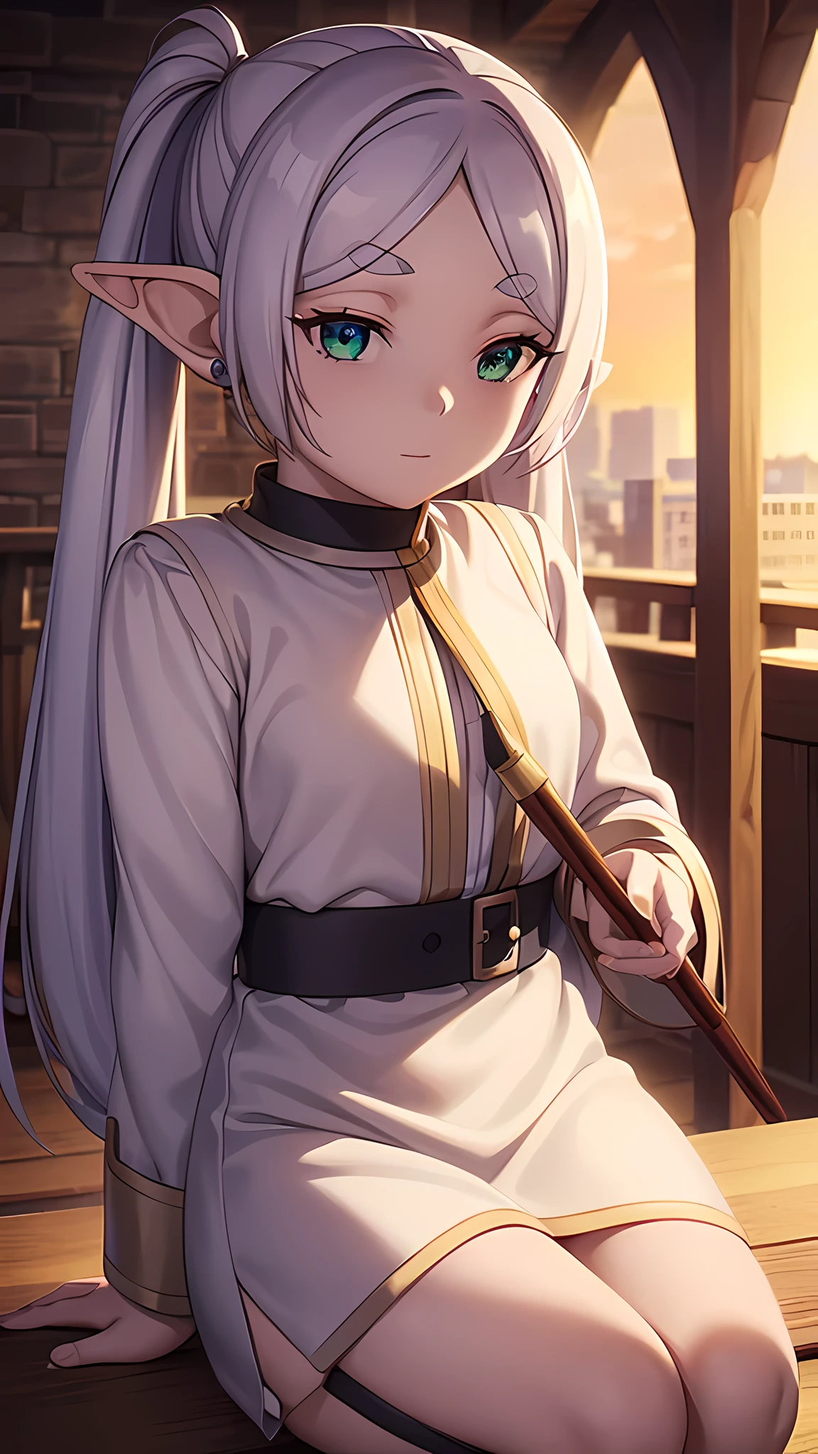 elf girl,White hair in a double ponytail、White robes and skirts、black leggings pants、brown boots,green eyes,parted bangs,thick eyebrows,beautiful Finger,beautiful character design, official art,Extremely detailed CG uniformity, perfect lighting,colorful, (the best_quality:1.0), 超High resolution,Super detailed,  High resolution, Lens flare, (beautiful_face:1.5),on the table,the bestquality, wizard&#39;s wand,medieval cityscape