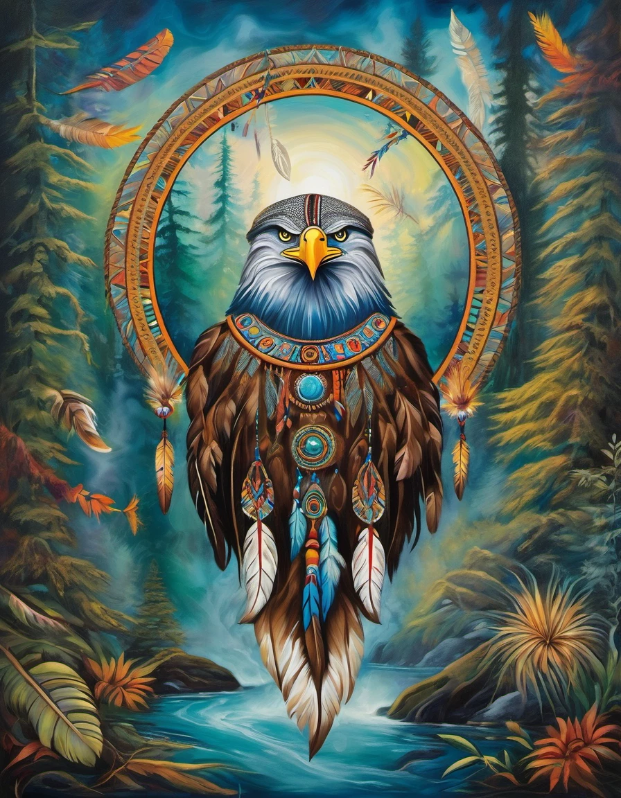 Painting of a mystical scene with thick colored brushstrokes, ancestor of a beautiful Native American woman in traditional dress in the middle of sacred totems, vibrant tones, spiritual aura. 
A majestic eagle spirit that soars, an ethereal wolf spirit that prowls, and a mystical bear spirit that stands tall. 
Intricate tribal designs, dream catchers and smoke from ceremonial fires in a mystical forest setting. Shamanic rituals, detailed feather and fur textures, enchanting and mysterious atmosphere. 