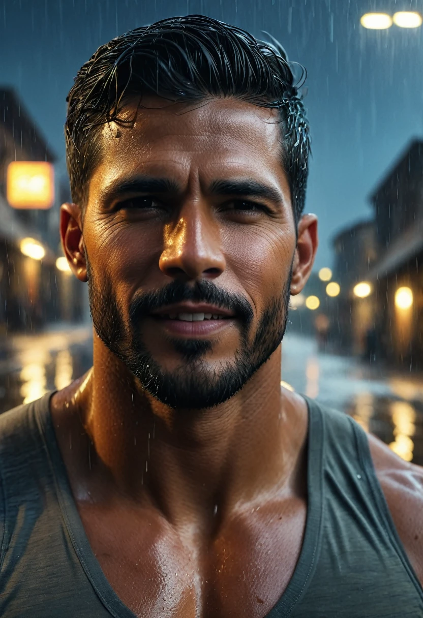 realist:1.3,( fotorrealist, 8k, RAW Photos, Premium quality, Masterpiece, epic lighting. close up, Centered image), (foreground),((1 beautiful man beautiful smile, self-confident well-formed muscles, Post Apocalyptic, Guerrero, Perfectly detailed face and body, (foreground), rainy scene, poor lighting due to rain,(( face and body wet from the rain:1.5)),lightning lighting, dynamic pose, beautiful and detailed hair, Leather Clothes)), ((Imaginative scene)),((perfect, meticulously detailed.:1.3)), ((full shot: 1.4)), ((best quality )), ((masterpiece)), 3D, (hyper detailed: 1.3), ((Epic Scenery: 1.3)), ((night background: 1.3 ))), (((night:1.2))), ( Photorealistic: 1.4), ((Front camera)),( (Low-light night cinematic lighting: 1.2)). 32