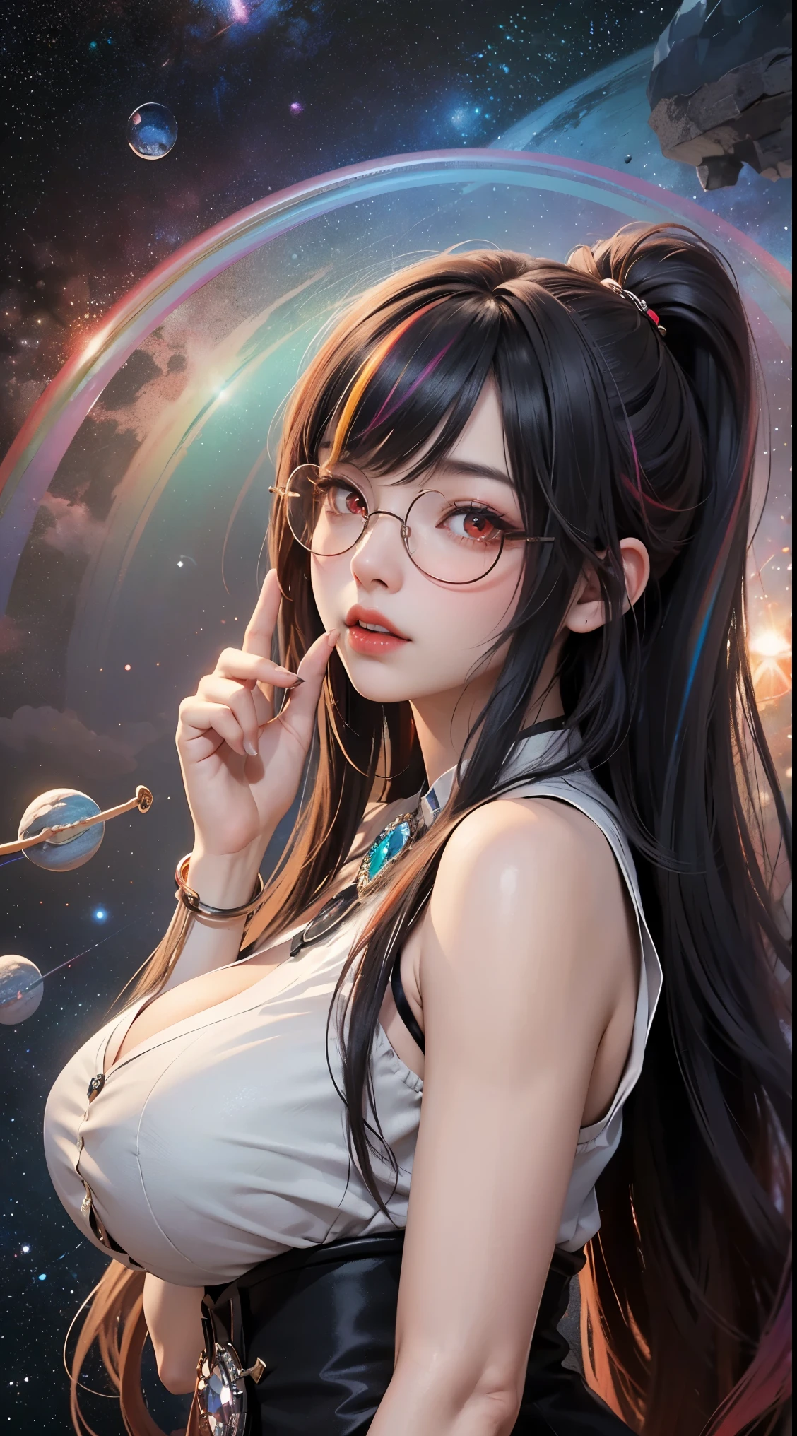 1 person 27 years old woman, got it、(best illustration)、8K UHD resolution、intricate details、最high quality、realistic、Super detailed、best writing、best shadow、soft lighting、ultra HD、Dungeon and Dragon、cave、Dungeon、 necromancer、night、dark style、Succubus、devil&#39;Daughter of、bat wings，(((Demon Horn Rack Rim Round Glasses))))、(((big breasts)))、(devil&#39;tail)、(red eyes shine:1.6)、masterpiece、beautiful features、Tyndall effect、realisticphotograph、(high detail skin:1.2)、8KUHD、Digital single-lens reflex camera、high quality、photograph、High resolution、 absurdes、Ponytail distortion、Optimal ratio of 4 fingers and 1 thumb、1 girl、hair ornaments、A necklace of bright red gems、gem、beautiful expression、body up、big breasts emphasis、tight waist、wide ass、Tyndall effect、Photoreal、(high detail skin:1.2)、dark and mysterious version, lipstick red lips, thin and beautiful lips, Don&#39;Don&#39;Don&#39;don&#39;t laugh, please shut your mouth, Characters created by Karol Baku and Pino Denis, intricate details, detailed background, very detailed, magic of light, woman, cute face, ((((giant glasses, otaku glasses, thick glasses, round glasses))))、 looking at the Upper body of the goddess , round chest, big and round chest, phoenix hair brooch, long hair with bangs, (Long hair has seven colors like a rainbow:1.9), Beautifully detailed face and well-proportioned eyes, (Crystal clear red eyes: 1.8), Big round eyes and very beautiful and detailed makeup, Visionary, long silk nightgowns, mysterious makeup, Response, I dyed the side bangs light yellow...., Upper body, (goddess Upper body: 1.8), hanging arms, Realistic and vivid photograph, (stars that make up : 1.7), ( Space-time portal of sky and imagination: 1.8), fiction art, RAWphotograph,Photograph of a black kimono, The best photograph , expensive_response, 最high quality, The best photograph, 8K quality, 8k ultra , Surrealism, The most economical authentic photograph, Artistic portrait of 12 signs, Symbol of one of the 12 signs on the reverse side, 12 Portrait of the Goddess, The most realistic color scheme, The best photograph color, masterpiece, hair ornaments, Neck response, jewelry, beautiful face, Upper body, Tyndall effect, Photograph-like, Dark studio, border light, two tone light, (fine skin) expensive: 1.2), 8K UHD, Digital single-lens reflex camera, soft light, expensive quality, volume light, Frank, photograph, expensive responseolution, 4K quality, 8K, bokeh, smooth and sharp, 10x more pixels, Charming goddess, sexy goddess, (background space: 1.8), (milky way: 1.7), Aurora, lightning, (Auroraの背景: 1.8) <roller:crazy_perfect eyes_v1_from_v1_, beautiful goddess and flowers,