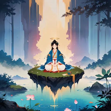 A wise, elderly Taoist monk sitting in lotus position, levitating above a moss-covered stone surrounded by a floating lotus flow...