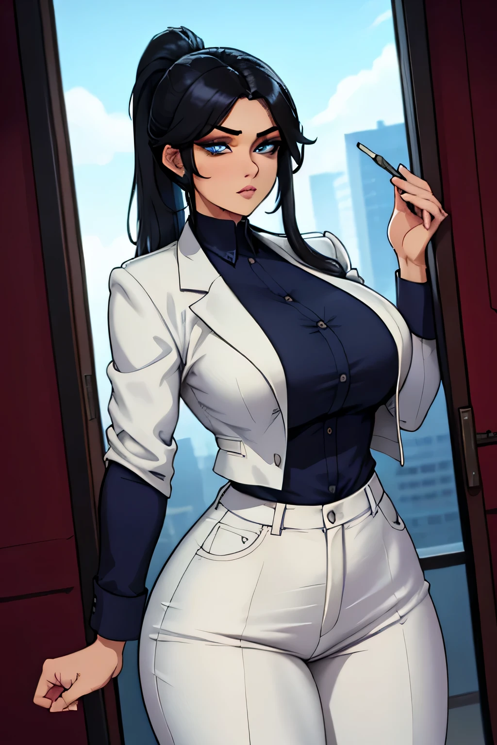 Best quality, 1woman, psycologist, very curvy, pretty, large breasts, huge ass, stoic, long straight ponytail black hair with fringe, icy blue eyes, psycologist uniform, white button up, straigh white pants, black blazer, full lips, seductive, mature, psycologist, book in hand and bitting a pencil in a seductive way