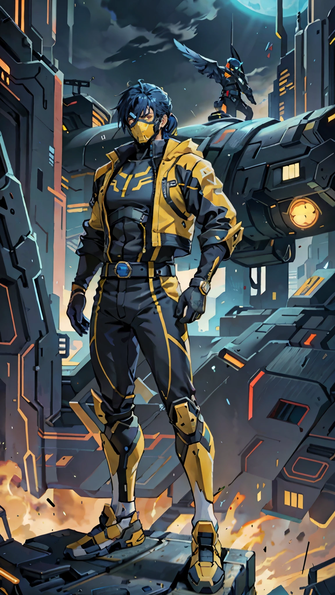 A man with blue hair tied in a ponytail, his face concealed by a falcon concept mask, full mask, stands tall and imposing, a futuristic sci-fi style short jacket, a dark bodysuit, matching trousers, a belt cinched at the waist, colorful gloves, he stands atop a futuristic high-rise, city night view, this character embodies a finely crafted futuristic sci-fi style masked hero in anime style, exquisite and mature manga art style, high definition, best quality, highres, ultra-detailed, ultra-fine painting, extremely delicate, professional, perfect body proportions, golden ratio, anatomically correct, symmetrical face, extremely detailed eyes and face, high quality eyes, creativity, RAW photo, UHD, 32k, Natural light, cinematic lighting, masterpiece-anatomy-perfect, masterpiece:1.5