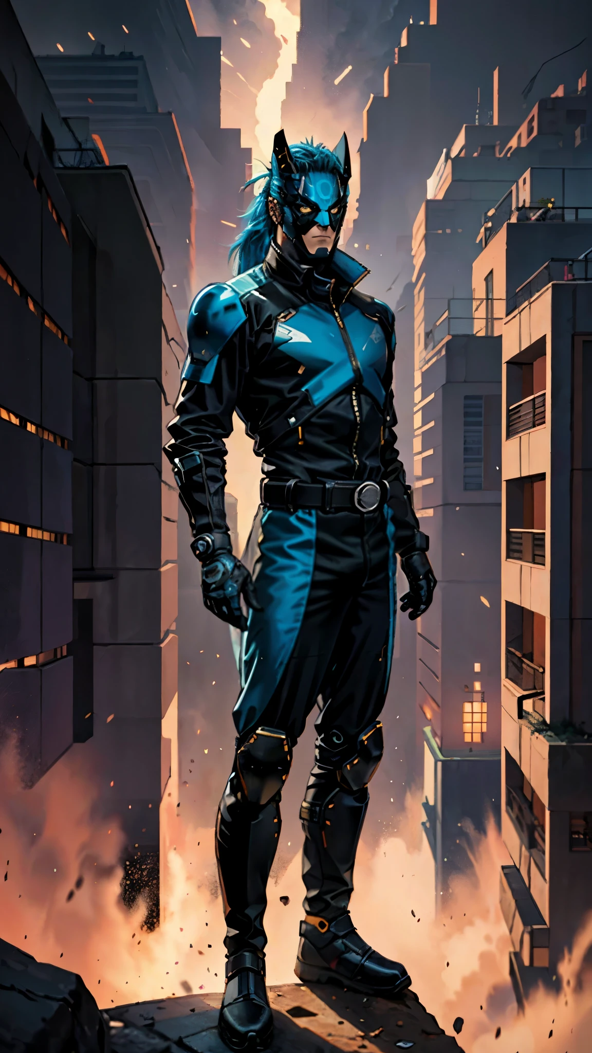 A man with blue hair tied in a ponytail, his face concealed by a falcon concept mask, full mask, stands tall and imposing, a futuristic sci-fi style short jacket, a dark bodysuit, matching trousers, a belt cinched at the waist, colorful gloves, he stands atop a futuristic high-rise, city night view, this character embodies a finely crafted futuristic sci-fi style masked hero in anime style, exquisite and mature manga art style, high definition, best quality, highres, ultra-detailed, ultra-fine painting, extremely delicate, professional, perfect body proportions, golden ratio, anatomically correct, symmetrical face, extremely detailed eyes and face, high quality eyes, creativity, RAW photo, UHD, 32k, Natural light, cinematic lighting, masterpiece-anatomy-perfect, masterpiece:1.5