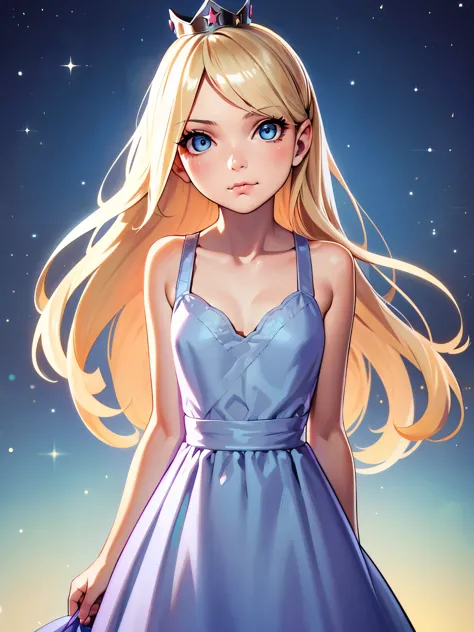 1girl,aged down,bare shoulders,blonde hair,blue eyes,blush,closed mouth,collarbone,crown,dress l,dress tug,eyelashes,female focu...