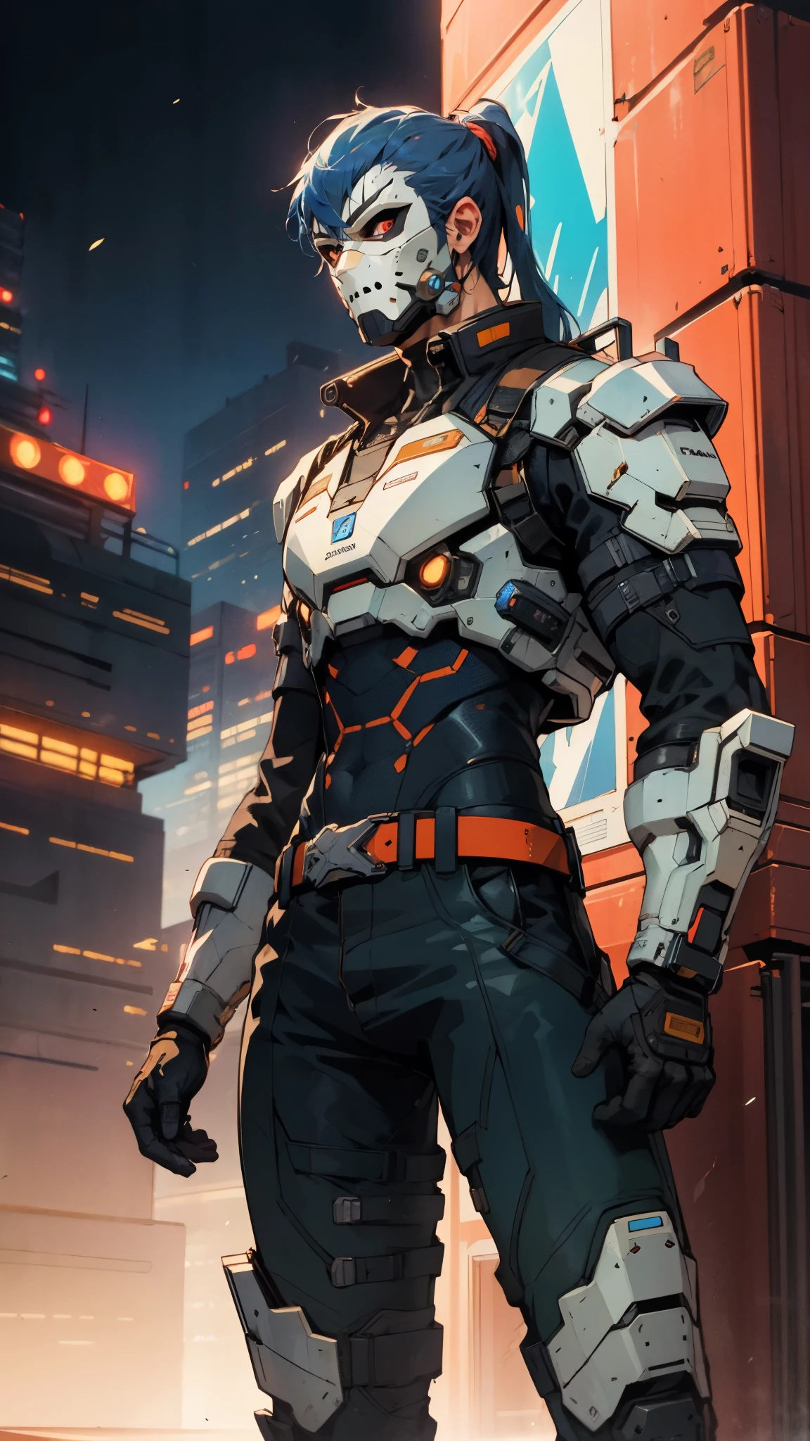 A man with blue hair tied in a ponytail, his face concealed by a falcon concept mask, full mask, stands tall and imposing, a futuristic sci-fi style short jacket, a dark bodysuit, matching trousers, a belt cinched at the waist, colorful gloves, he stands atop a futuristic high-rise, city night view, this character embodies a finely crafted futuristic sci-fi style masked hero in anime style, exquisite and mature manga art style, high definition, best quality, highres, ultra-detailed, ultra-fine painting, extremely delicate, professional, perfect body proportions, golden ratio, anatomically correct, symmetrical face, extremely detailed eyes and face, high quality eyes, creativity, RAW photo, UHD, 32k, Natural light, cinematic lighting, masterpiece-anatomy-perfect, masterpiece:1.5