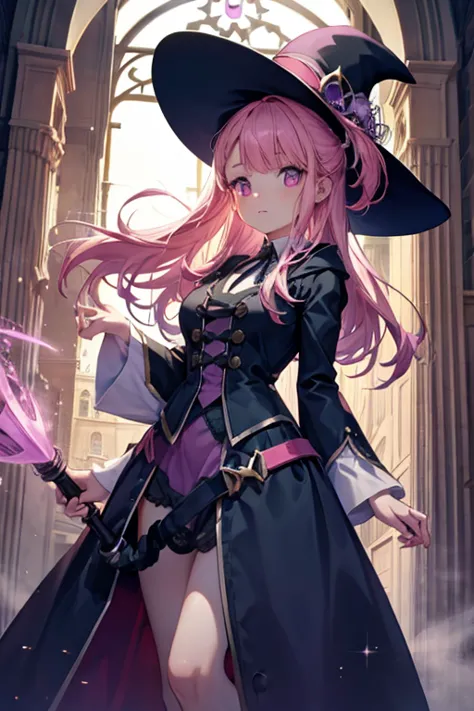 a pink haired female witch with violet eyes with an hourglass figure in a victorian style dress is holding a broom