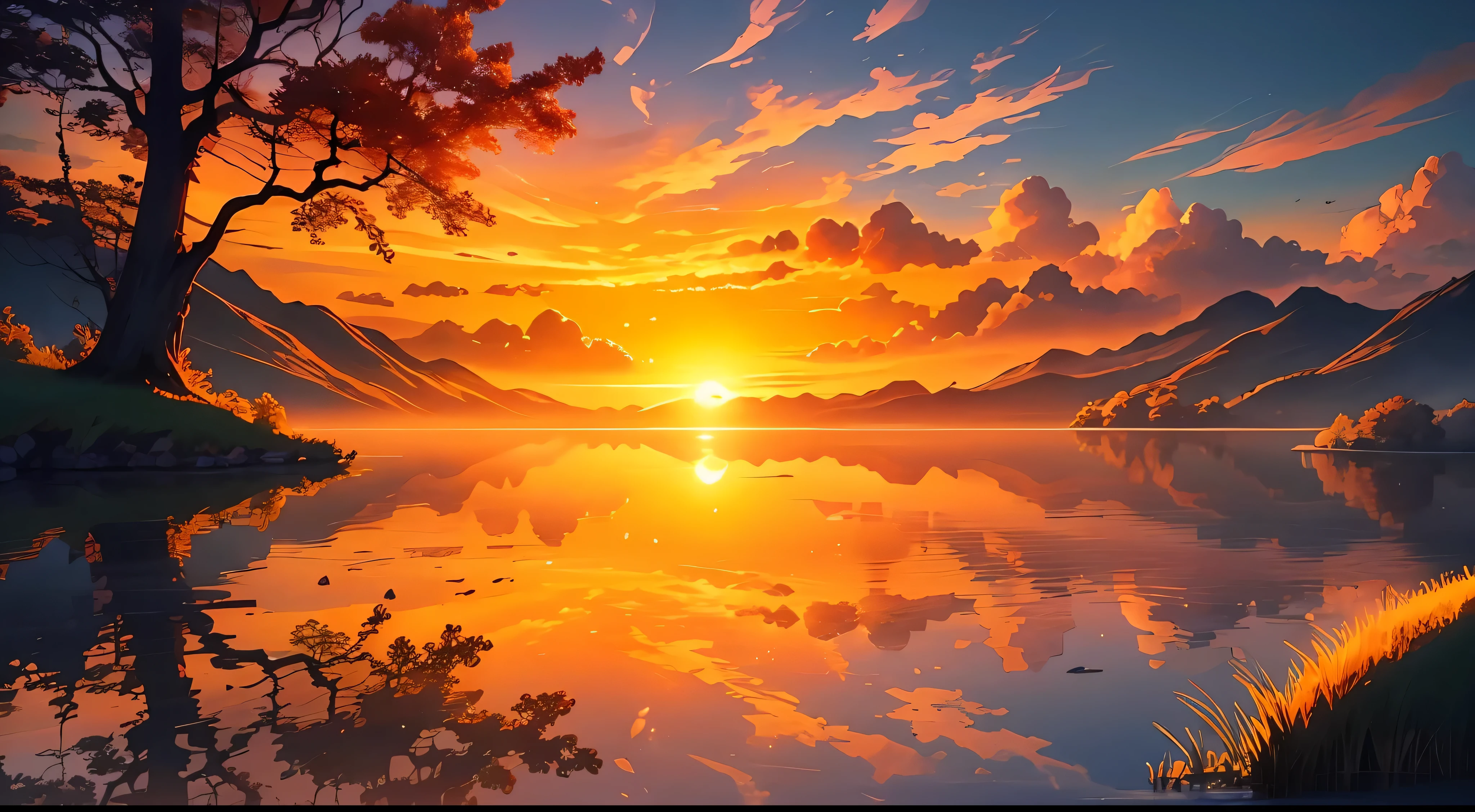 Ein Bild, das einen strahlenden Sonnenaufgang über einer ruhigen und heiteren Landschaft zeigt
