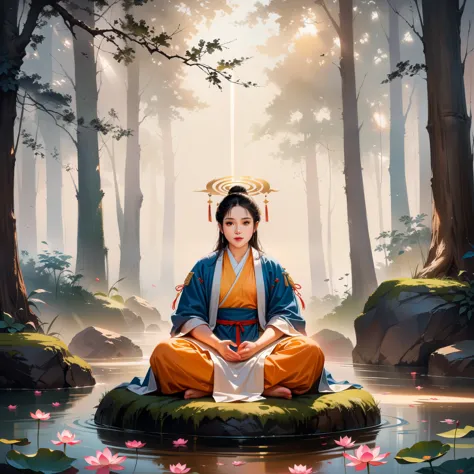 A wise, elderly Taoist monk sitting in lotus position, levitating above a moss-covered stone surrounded by a floating lotus flower, in an ancient forest with dense foliage, golden cloud patterns on his azure robe, ancient calligraphic symbols swirling arou...