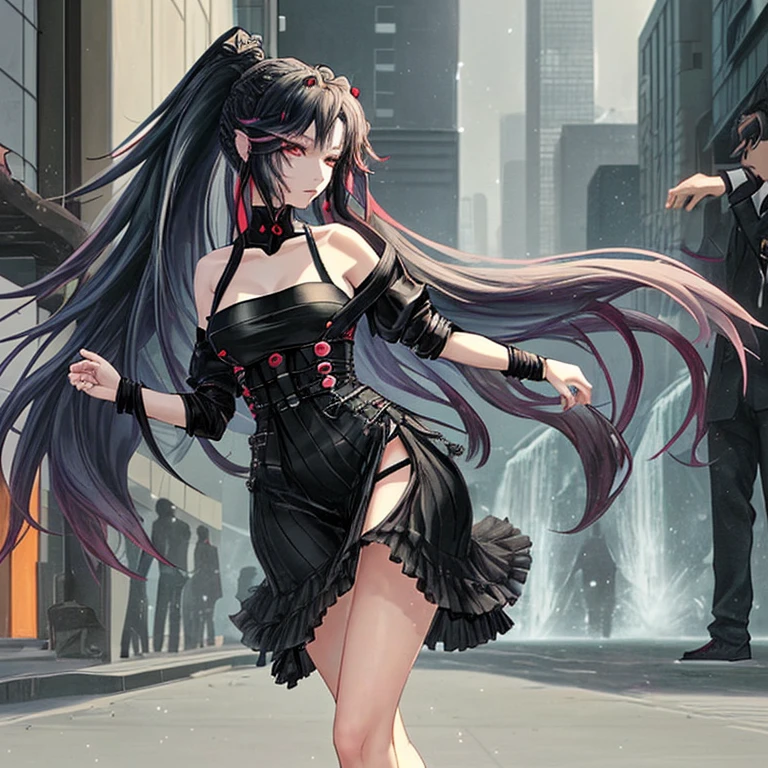 In an urban anime setting, a typical female character that possess an alluring yet practical appearance. Picture her with long, flowing locks resembling a waterfall of midnight silk, cascading down her back with a mesmerizing allure. Her hair, a rich canvas of darkness, sways gently with each movement, adding a touch of elegance to her urban demeanor.

She is of average height, standing around 5'5" to 5'7", with a slender yet athletic build that speaks of agility and strength. Her attire, a seamless fusion of street chic and avant-garde fashion that accentuates her curves while allowing for ease of movement in the bustling urban environment.

Her eyes, adorned with a touch of mystery, reflect the city lights like shimmering jewels, hinting at the depths of her character beneath the surface. With a poised posture and an aura of quiet confidence, she navigates the streets with grace and determination, a captivating presence amidst the urban chaos.