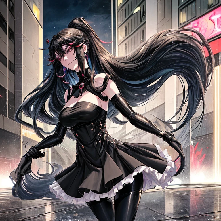 In an urban anime setting, a typical female character that possess an alluring yet practical appearance. Picture her with long, flowing locks resembling a waterfall of midnight silk, cascading down her back with a mesmerizing allure. Her hair, a rich canvas of darkness, sways gently with each movement, adding a touch of elegance to her urban demeanor.

She is of average height, standing around 5'5" to 5'7", with a slender yet athletic build that speaks of agility and strength. Her attire, a seamless fusion of street chic and avant-garde fashion that accentuates her curves while allowing for ease of movement in the bustling urban environment.

Her eyes, adorned with a touch of mystery, reflect the city lights like shimmering jewels, hinting at the depths of her character beneath the surface. With a poised posture and an aura of quiet confidence, she navigates the streets with grace and determination, a captivating presence amidst the urban chaos.