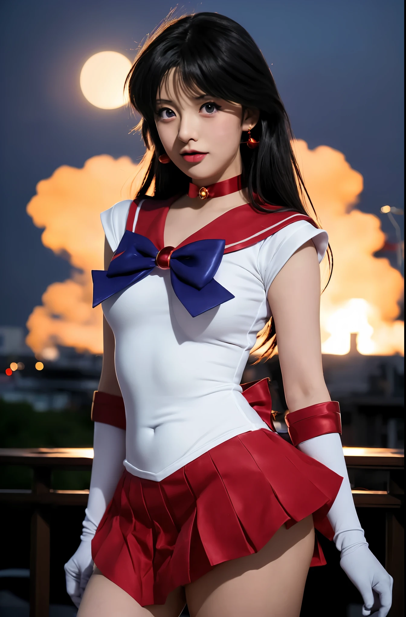 sailor mars,Sailor girl posing for a photo wearing a short skirt and bow tie, anime girl cosplay, cosplay photo, anime cosplay, full-cosplay, sailor uniform, cosplay, To Sailor Moon, ayaka cosplay, glamourous cosplay, professional cosplay, publicity cosplay, sailor moon!!!!!!!!, the sailor moon. beautiful, realistic cosplay, sailor moon style, A mix of Fujifilm and animation styles