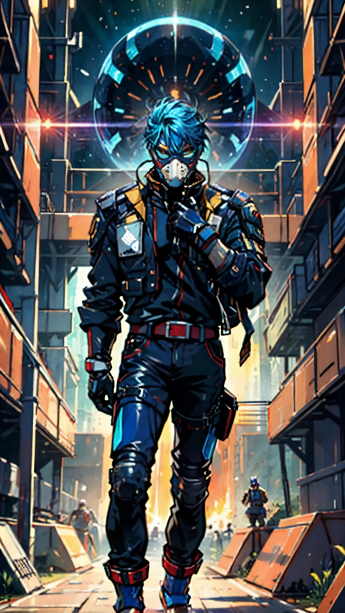 A man with blue hair tied in a ponytail, his face concealed by a falcon concept mask, full mask, stands tall and imposing, a futuristic sci-fi style short jacket, a dark bodysuit, matching trousers, a belt cinched at the waist, colorful gloves, he stands atop a futuristic high-rise, city night view, this character embodies a finely crafted futuristic sci-fi style masked hero in anime style, exquisite and mature manga art style, high definition, best quality, highres, ultra-detailed, ultra-fine painting, extremely delicate, professional, perfect body proportions, golden ratio, anatomically correct, symmetrical face, extremely detailed eyes and face, high quality eyes, creativity, RAW photo, UHD, 32k, Natural light, cinematic lighting, masterpiece-anatomy-perfect, masterpiece:1.5