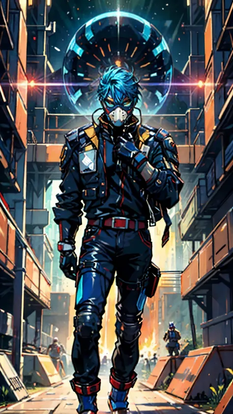 A man with blue hair tied in a ponytail, his face concealed by a falcon concept mask, full mask, stands tall and imposing, a fut...