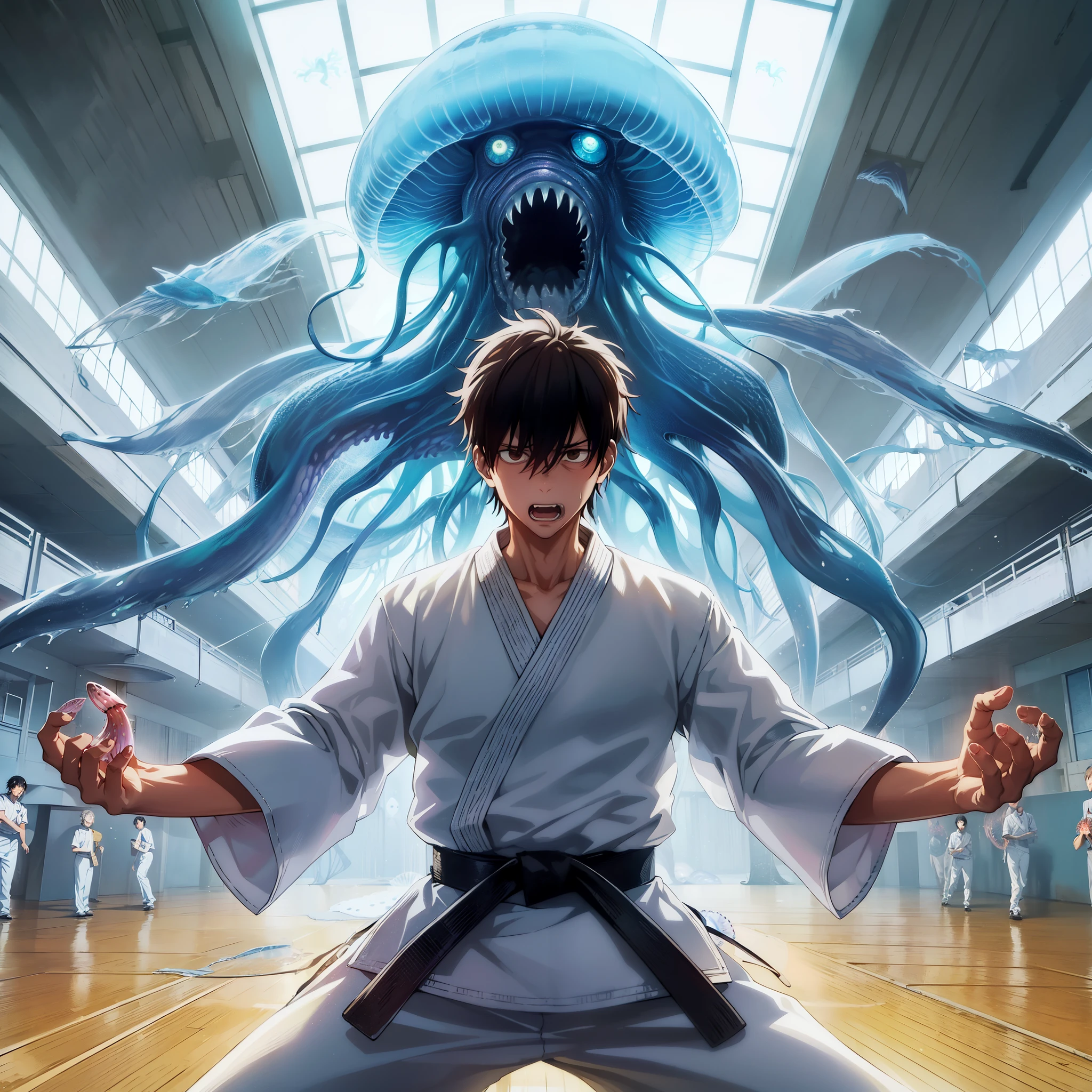 Jujutsu kaisen style, junpei_yoshino, (1boy, solo), (full body, standing in the school gymnasium, open stance), school white shirts, (angry expression:1.1), looking at viewer, (huge jellyfish monster floating above his head:1.3)