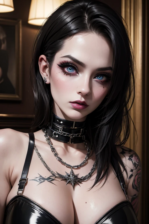 Punk trad goth sous-culture gothique oriental Fille trad goth maquillage punk post punk,une femme en latex, soutien-gorge en latex, chaîne, 22 ans, peau pâle, cheveux noirs, yeux bleus, expression sexy, Dans une pub , mise au point de la caméra sur le visage, pénombre, Tatouage, Meilleure qualité, ultra supérieur, Photoréaliste, 8k, photo brute,Menton pointu, la photographie, photo brute, chef-d&#39;œuvre, photo extrêmement détaillée, Reflex numérique, Photoréaliste 1.4, ultra rien, Meilleure qualité, Lèvres roses, maquillage parfait, photo du corps entier, grand, tonique, gros seins,
