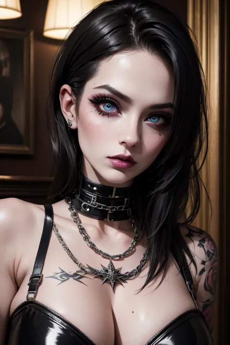 Punk trad goth subculture gothic oriental Girl trad goth makeup punk post punk,a woman in latex, latex brassiere, chain, 22 year...