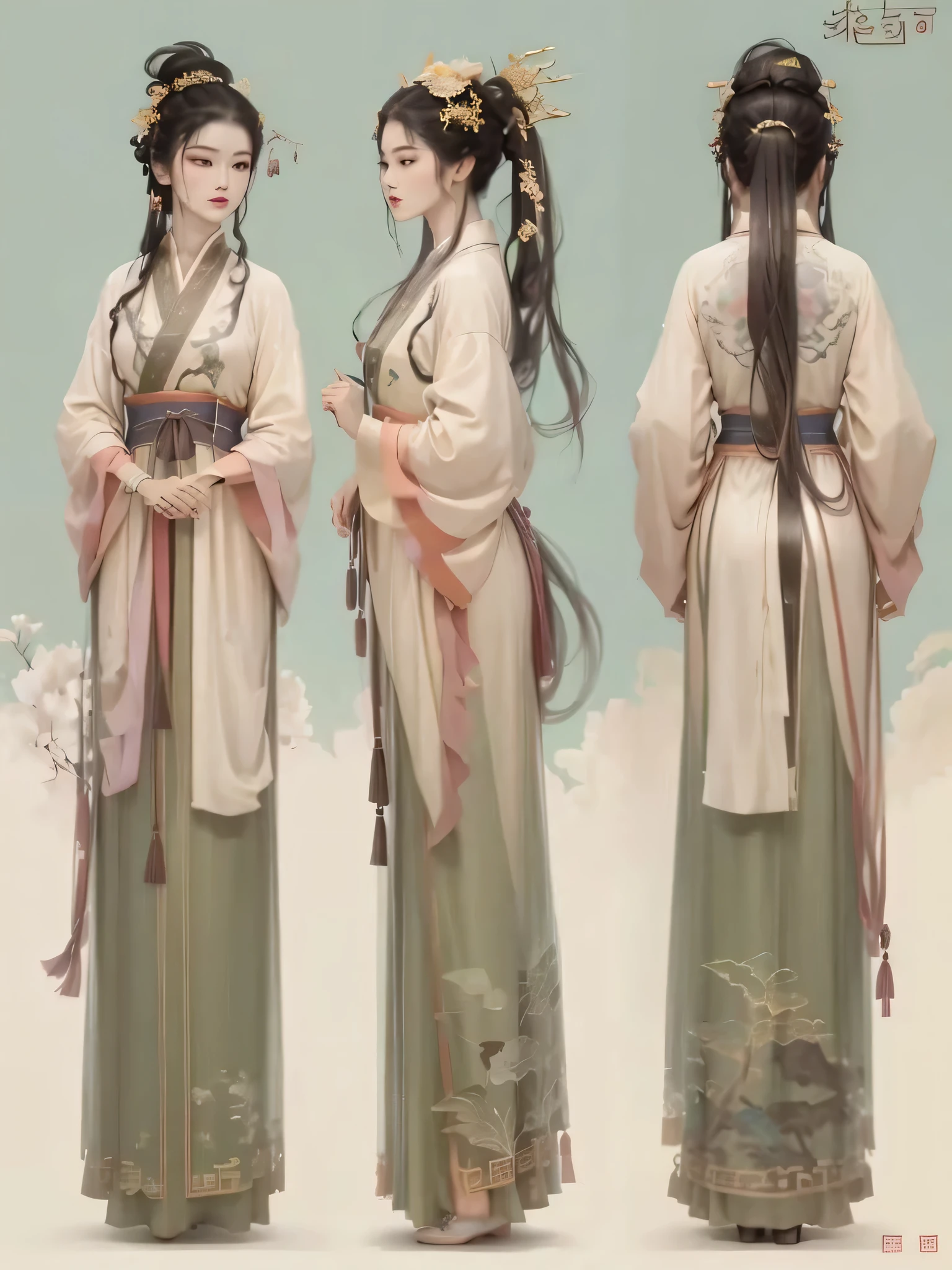 three women in Chinese traditional clothing standing in front of a sky, hanfu, Wearing ancient Chinese clothes, palace ， A girl in hanfu, flowing hair and gown, floating robe, white hanfu, Chinese traditional clothing, Inspired by Qiu Ying, chinese princess, flowing magic robe, wearing floating robe, Exquisite renderings of the Tang Dynasty