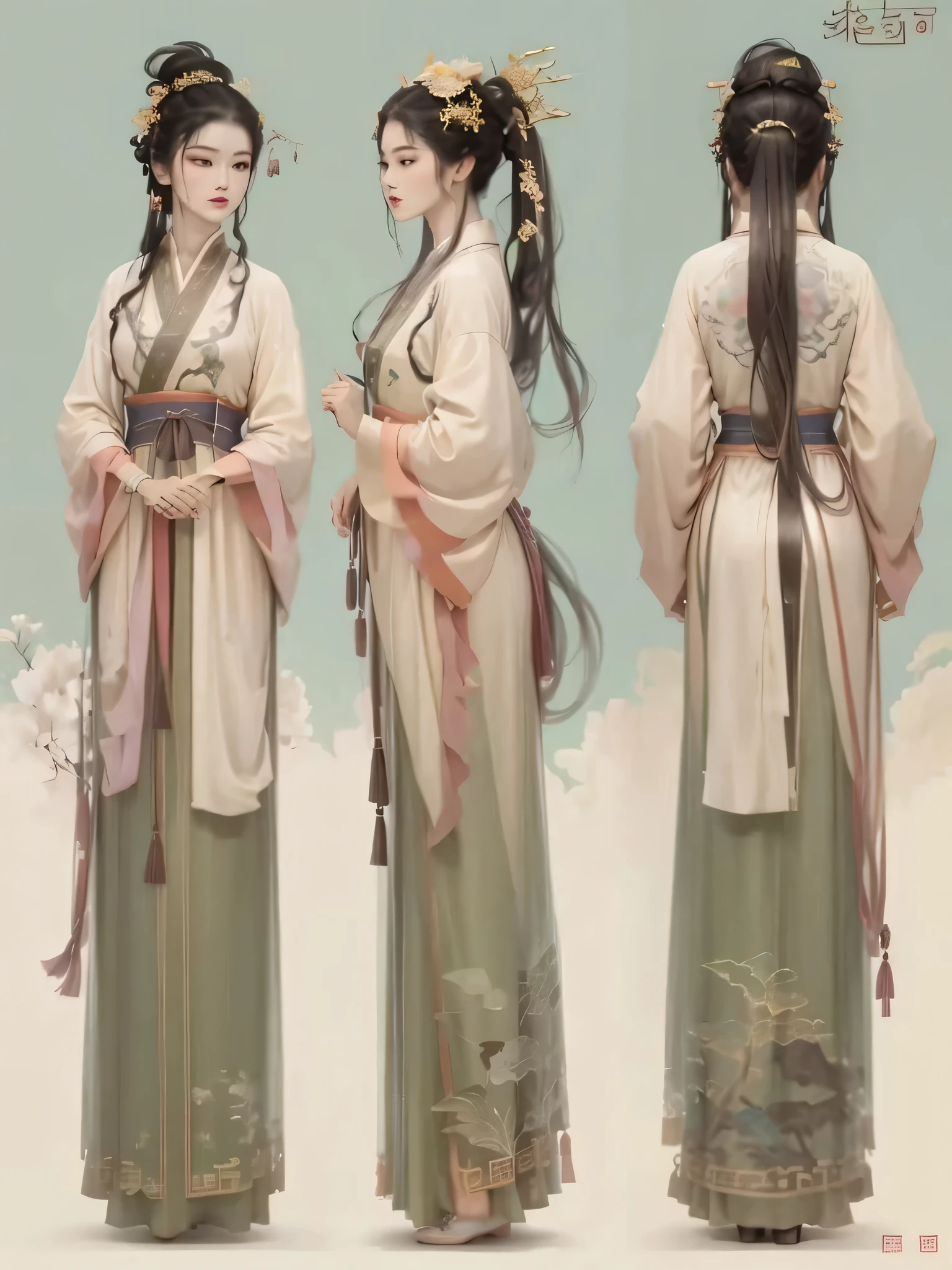 three women in 中國傳統服飾 standing in front of a sky, Hanfu, 穿著中國古代服裝, 宮 ， A girl in Hanfu, 飄逸的頭髮和禮服, 浮袍, white Hanfu, 中國傳統服飾, 受到仇英的啟發, 中國公主, 流動的魔法袍, wearing 浮袍, 唐朝精美效果圖