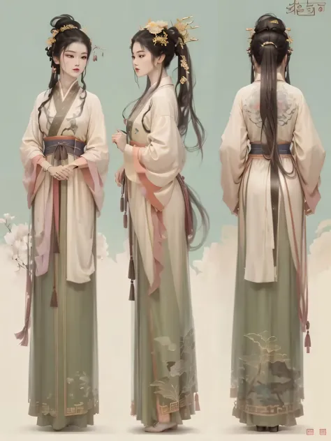 three women in Chinese traditional clothing standing in front of a sky, hanfu, Wearing ancient Chinese clothes, palace ， A girl ...