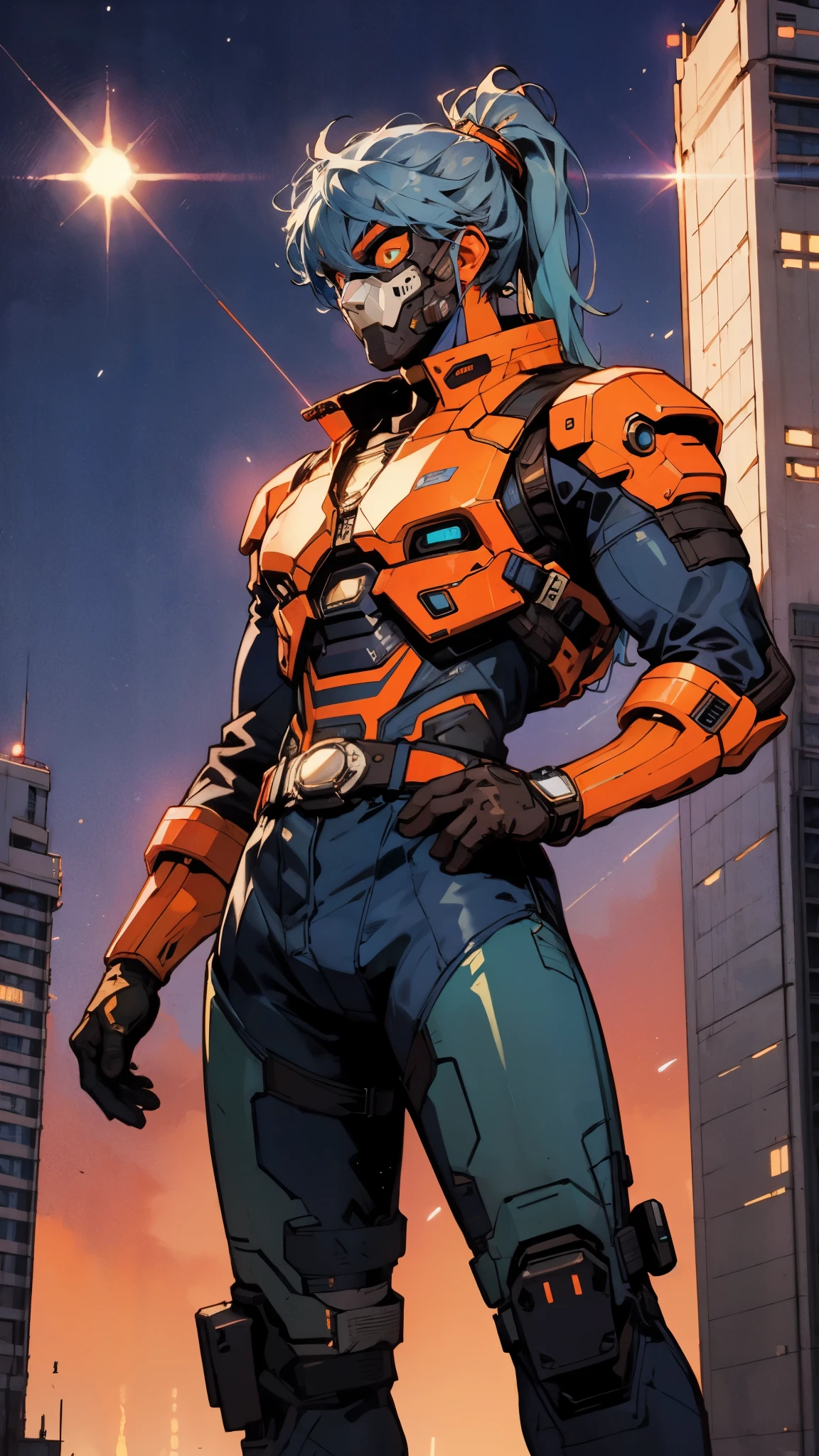 A man with blue hair tied in a ponytail, his face concealed by a falcon concept mask, full mask, stands tall and imposing, a futuristic sci-fi style short jacket, a dark bodysuit, matching trousers, a belt cinched at the waist, colorful gloves, he stands atop a futuristic high-rise, city night view, this character embodies a finely crafted futuristic sci-fi style masked hero in anime style, exquisite and mature manga art style, high definition, best quality, highres, ultra-detailed, ultra-fine painting, extremely delicate, professional, perfect body proportions, golden ratio, anatomically correct, symmetrical face, extremely detailed eyes and face, high quality eyes, creativity, RAW photo, UHD, 32k, Natural light, cinematic lighting, masterpiece-anatomy-perfect, masterpiece:1.5