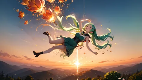 masterpiece, best quality, movie still, 1 elven girl, (floating in the air), bright, happy, warm soft lighting, sunset, (sparks:...