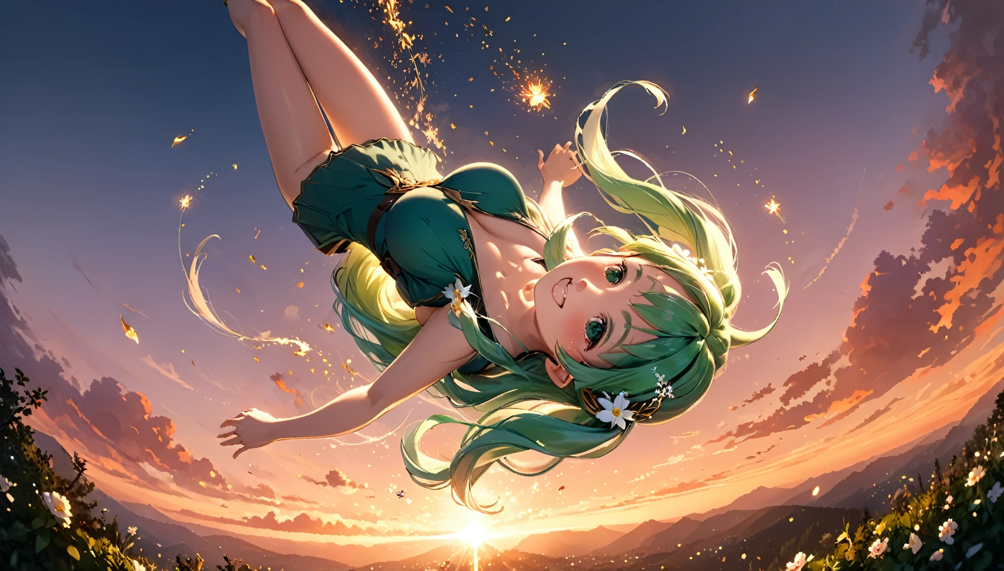 masterpiece, best quality, movie still, 1 elven girl, (Floating in the air), bright, happy, warm soft lighting, sunset, (sparks:0.7), look up from below , solo,  large breasts,  (whole body ) , blush, very long hair, bangs, light green hair, hair style is twin tails,hair ornament is flower, pointed ears