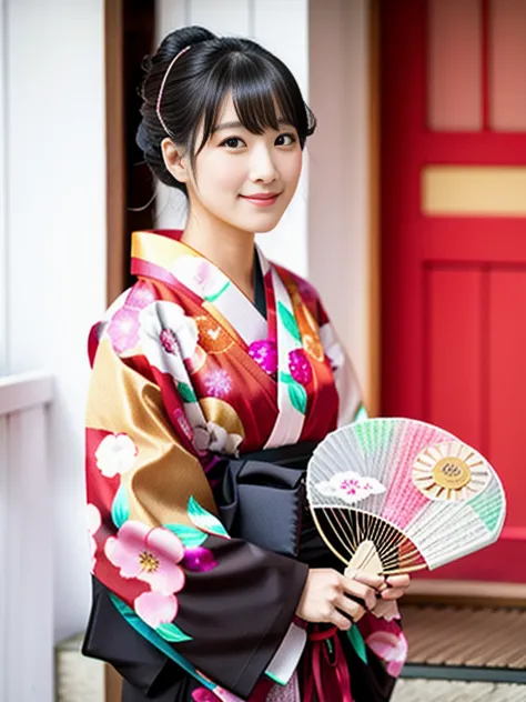 woman in kimono holding a fan and a fan in front of a red door, in kimono, in a kimono, yukata, wearing a kimono, wearing kimono...