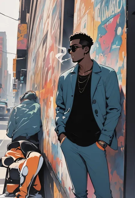 stylish black man leaning against the wall，standing on the street in new york smoking，american comics，semi-thick painting