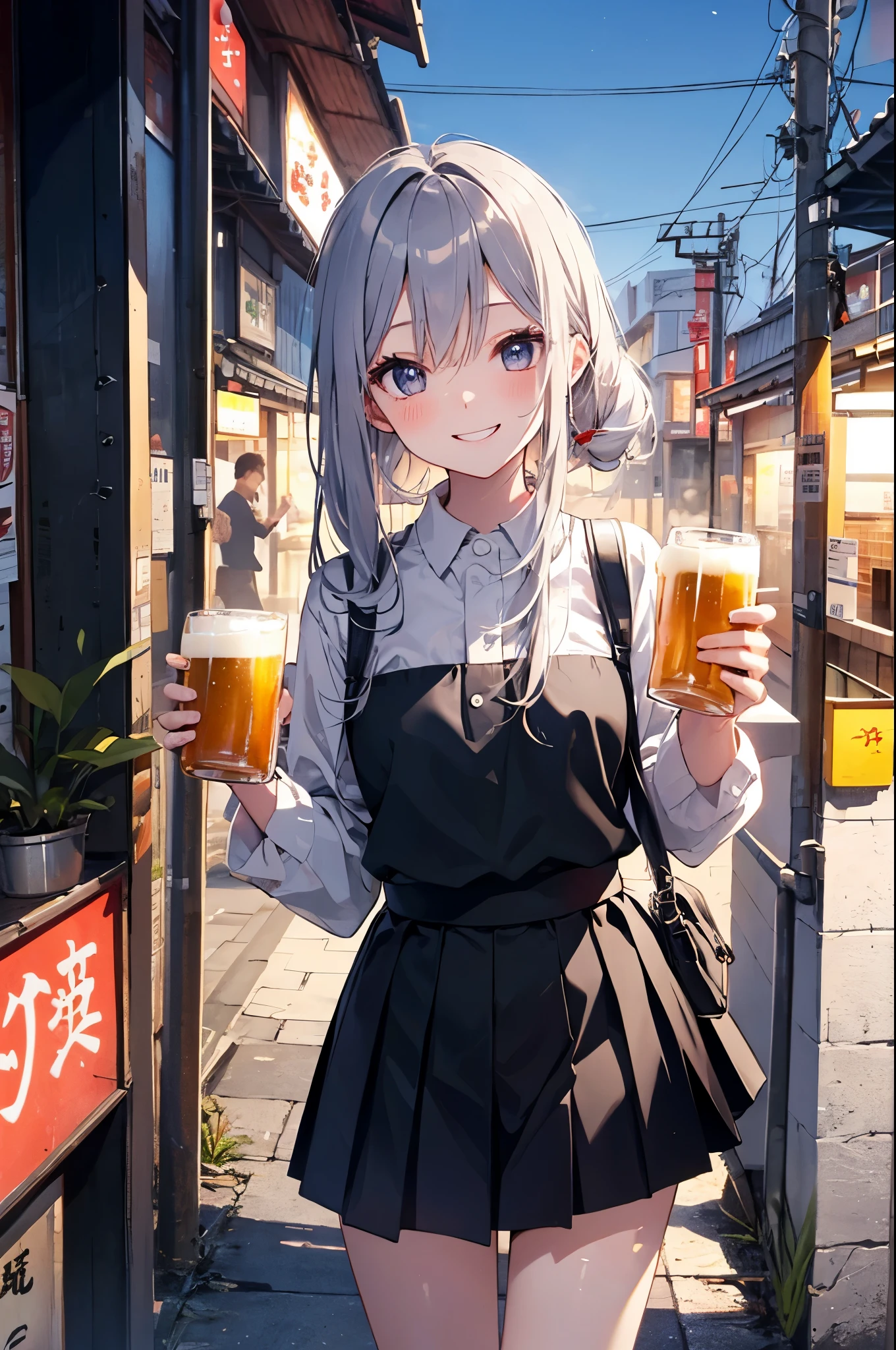 （Pretty sister:1.3）、long eyelashes、happy face,spring atmosphere、evening、aggressive、hot、((strong wind))、black skirt、shining eyes、Y-shirt、Izakaya、Beer in the right hand、drunk、red cheeks