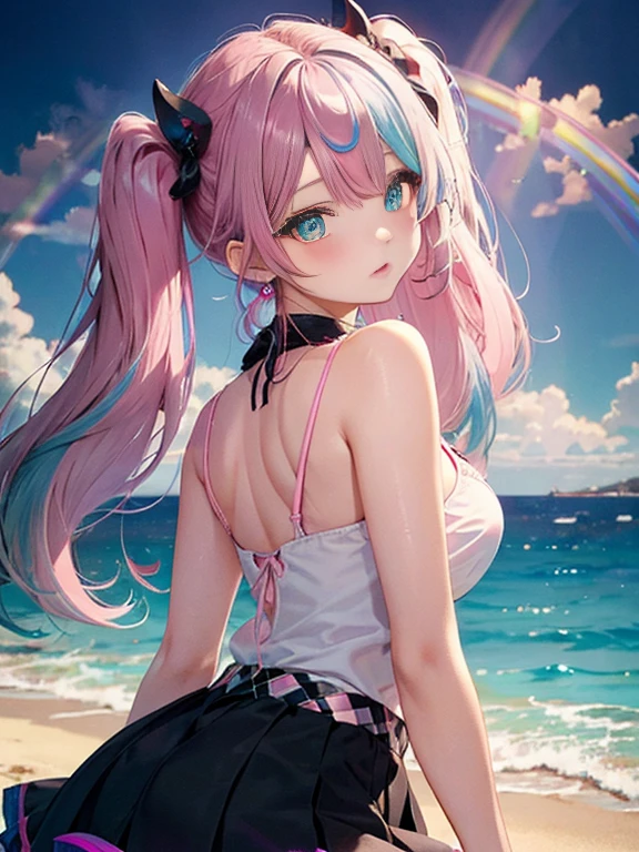 sandy beach、Asahi、thick thighs、big butt、 (alone:1.5,)Super detailed,bright colors, very beautiful detailed anime face and eyes, look straight, shiny_skin,girl,  (((rainbow colored hair, colorful hair, Half black、half pink hair: 1.2))) 、forehead is exposed、shiny hair, delicate beautiful face, blush、(turquoise eyes), White skin, Valletta, earrings、、checked skirt、twin tails