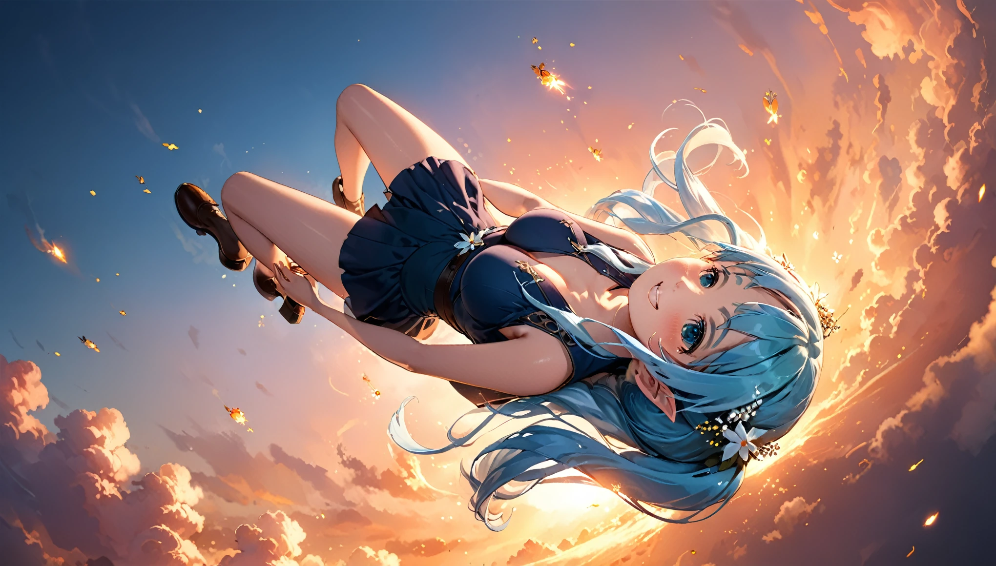 masterpiece, best quality, movie still, 1 elven girl, (Floating in the air), bright, happy, warm soft lighting, sunset, (sparks:0.7), look up from below , solo,  large breasts,  (whole body ) , blush, very long hair, bangs, light blue hair, hair style is twin tails,hair ornament is flower, pointed ears