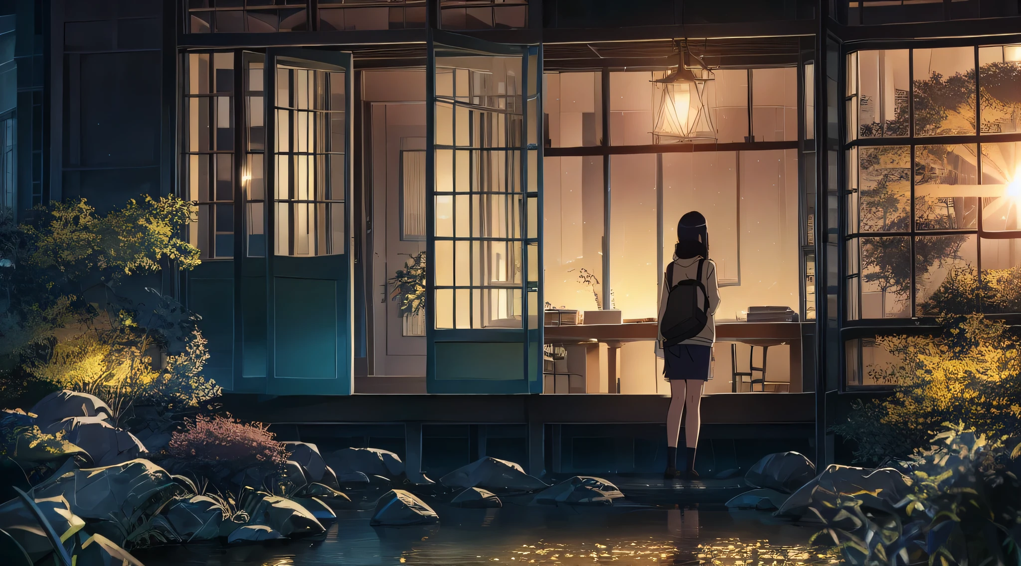 (best quality,32k,highres,masterpiece:1.2),dark, rainy night, misty, Sony a7, film grain, cinematic lighting, realistic, single-point perspective, water droplets clinging to the window, colorful shimmering particles, lens flare. In a dimly lit rainy night, a young woman stands alone by the window, gazing at the raindrops outside. Her face carries a sense of sadness, with eyes filled with endless sorrow and despair. The view outside the window is blurry, mirroring her inner emotions, with her back turned towards the scene.