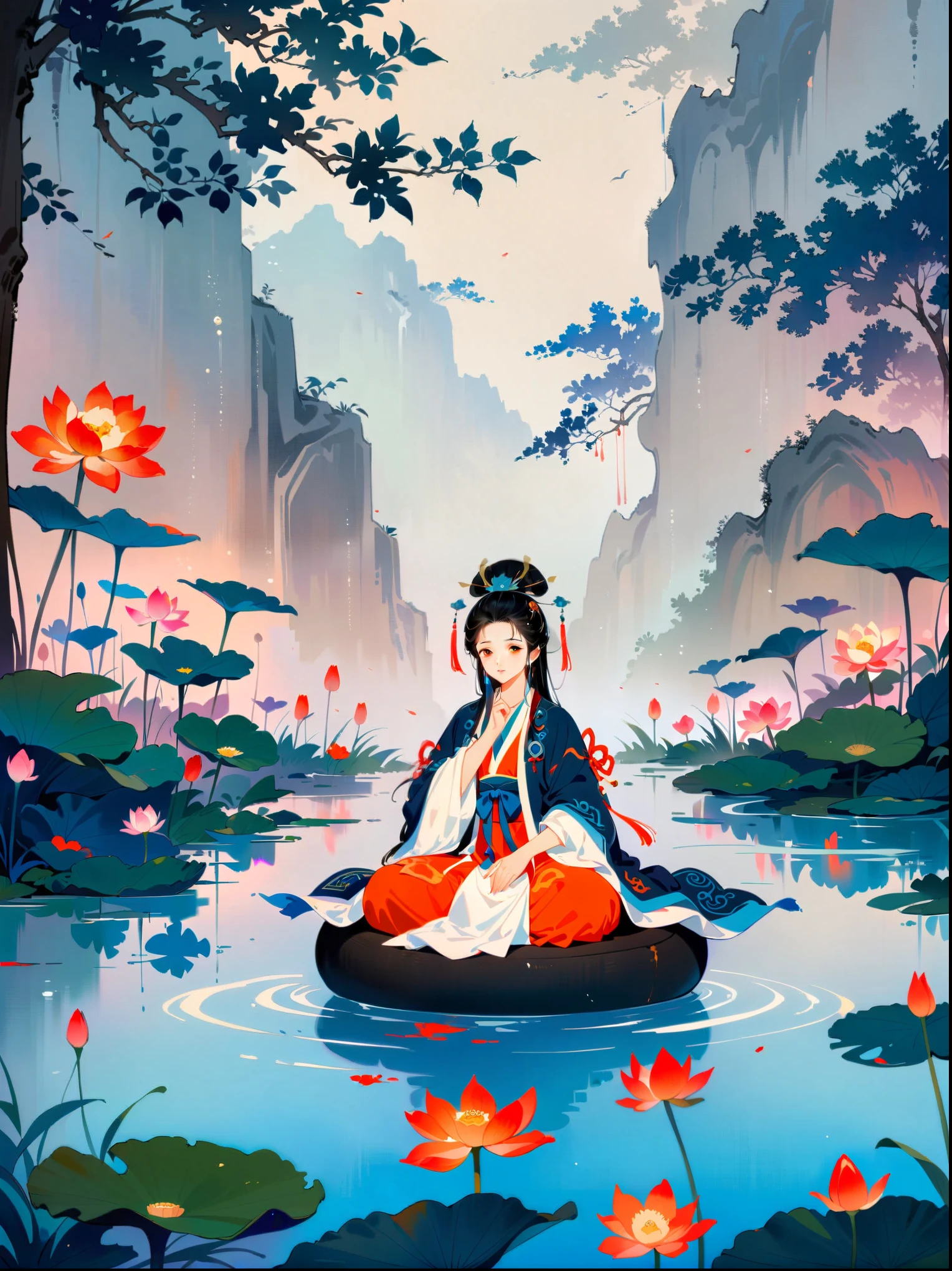 Taoist sage meditating in a tranquil lotus pond，Yin and Yang symbols，I Ching Hexagrams，Swirling Mist，lotus，peaceful atmosphere，Peaceful nature scene，（best quality，8k，high resolution，masterpiece），Super detailed，concept art，intricate details，Ambient lighting，Cinema Effect，bright colors