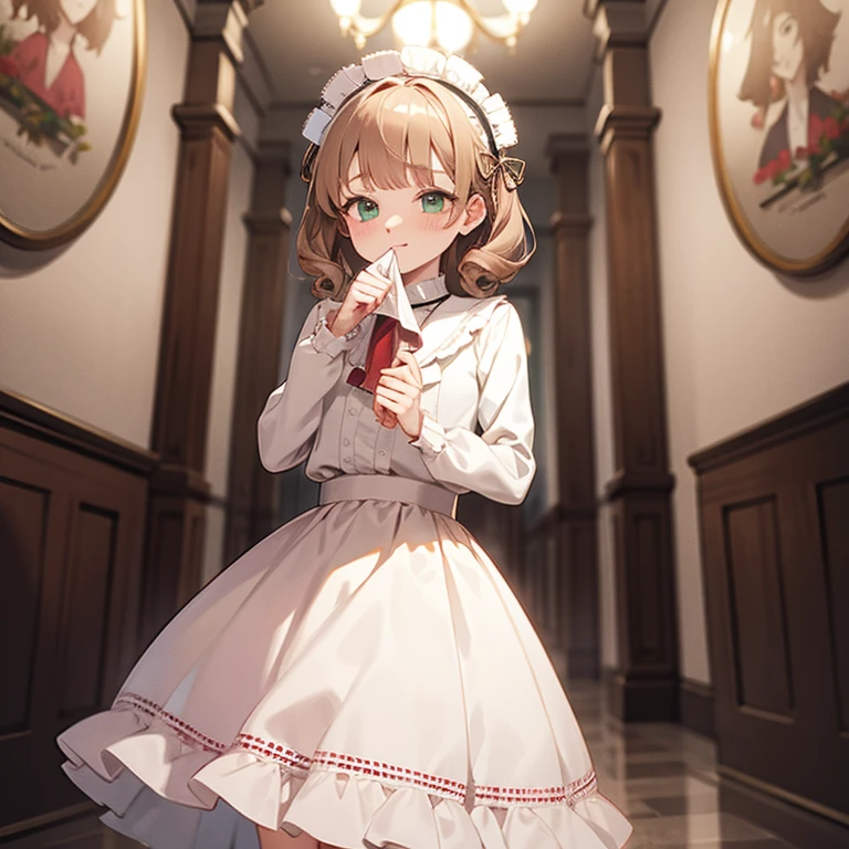 Girly looking boy, swirly almond hair, green eyes, Lolita dress, raising skirt, palace hallways background.