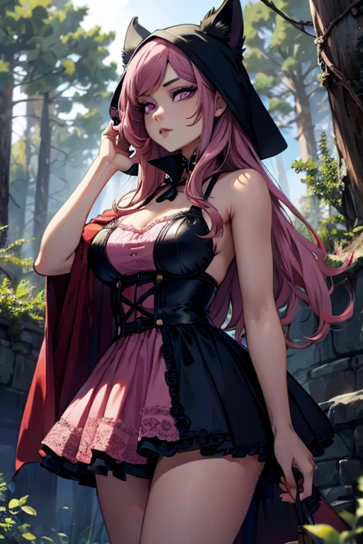 A pink haired woman with violet eyes and an hourglass figure is walking with a wolf in the forest.