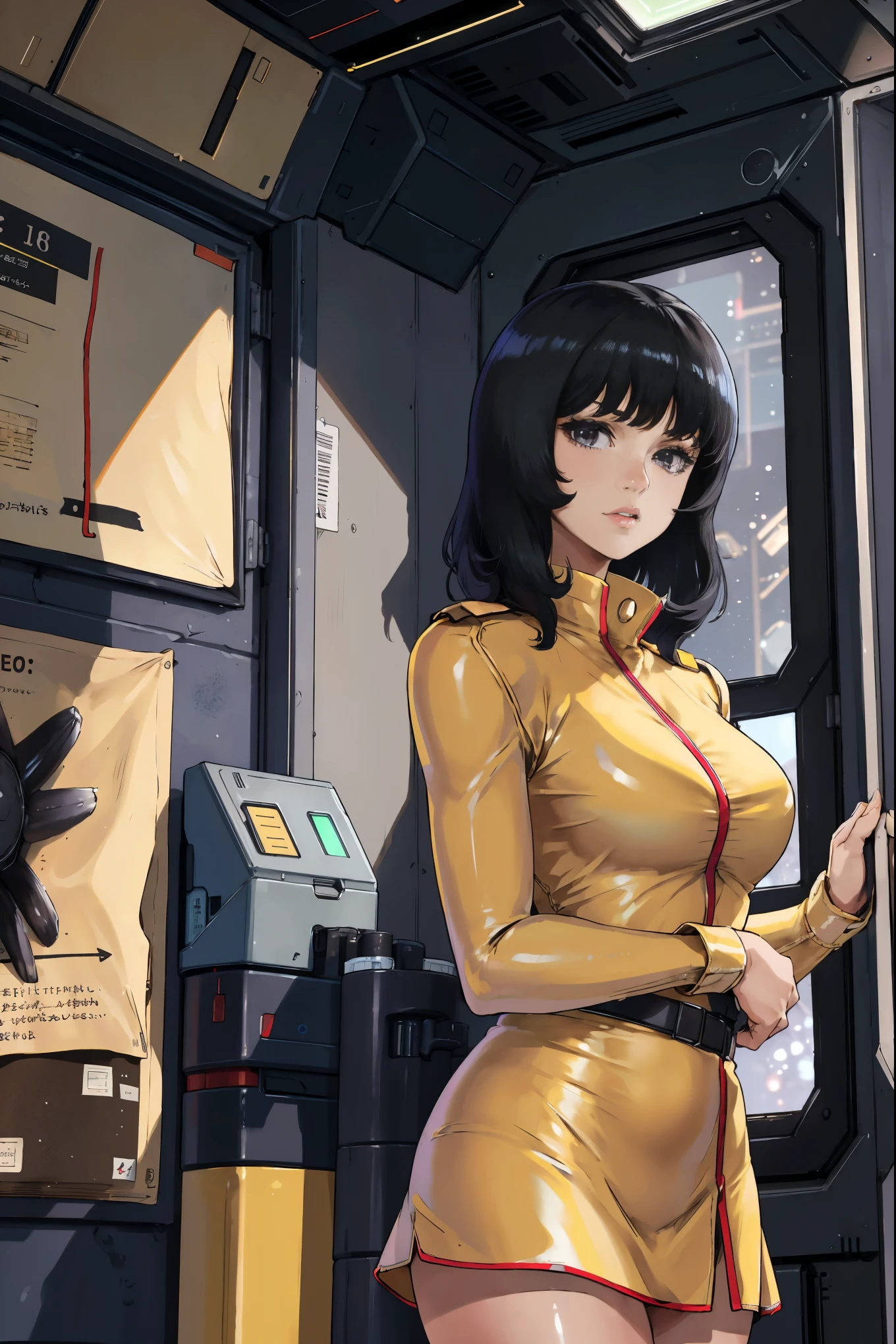 8k,(masterpiece:1.4)(best quality:1.4),(top quality), 1girl,fayuiry,black hair, black eyes, yellow dress,  uniform, inside spaceship, galaxy, window ,indoors,  standing,  looking at viewer,  solo focus,(shiny skin),steaming body ,